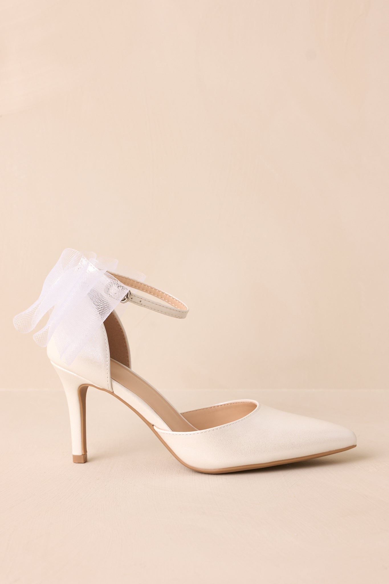Love At First Sight Ivory Pointed-Toe Bow Ankle Strap Heels