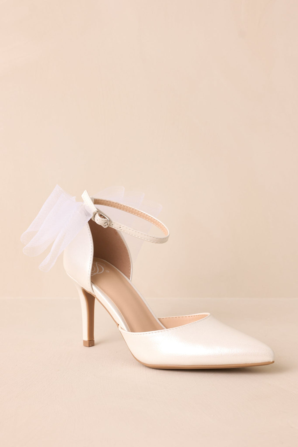 Love At First Sight Ivory Pointed-Toe Bow Ankle Strap Heels