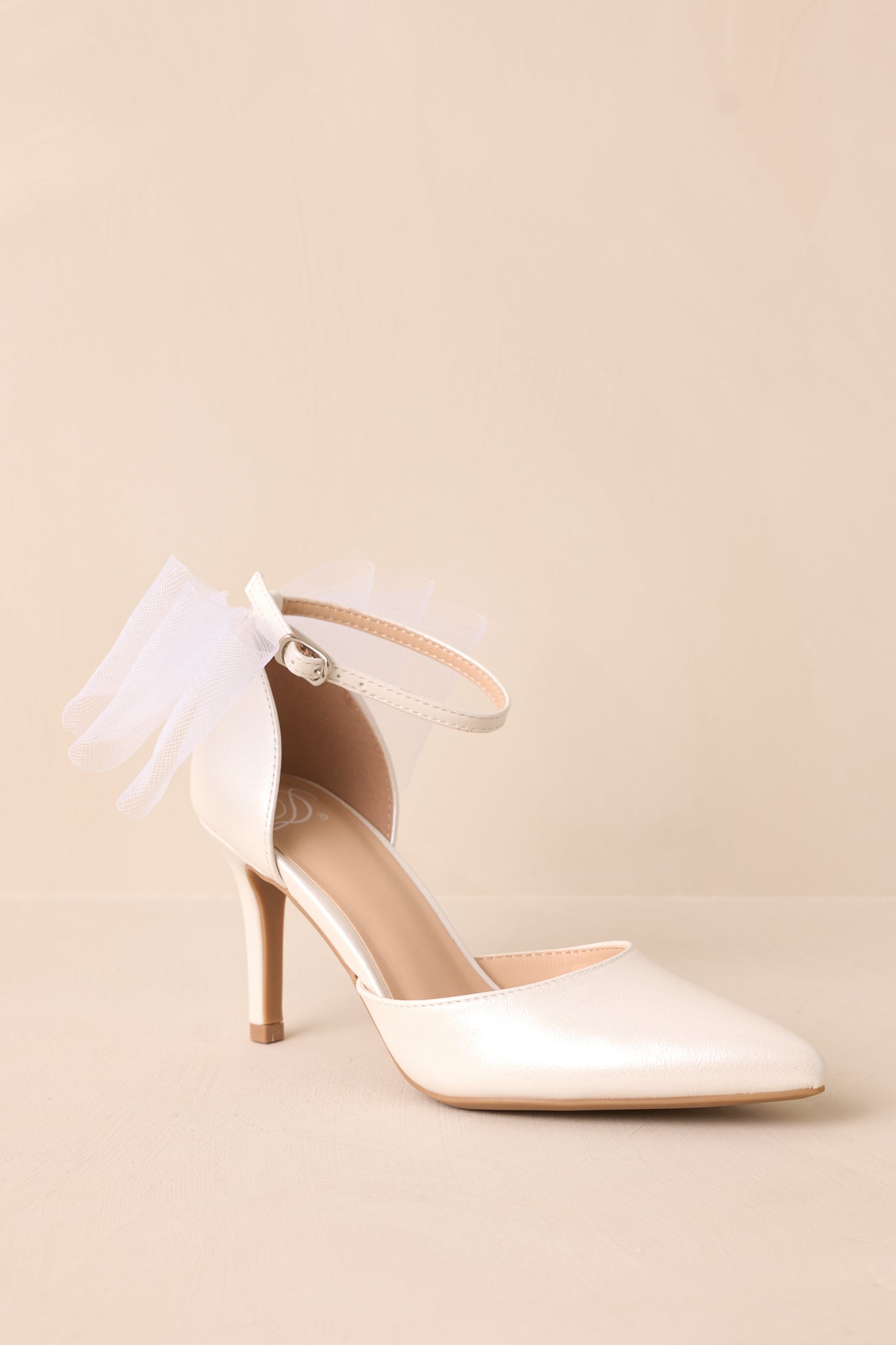 Love At First Sight Ivory Pointed-Toe Bow Ankle Strap Heels