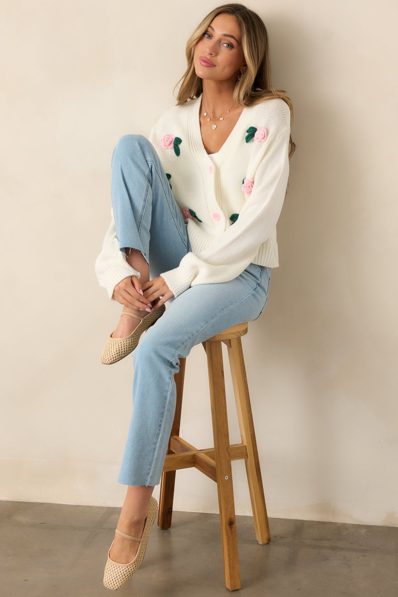 Storytelling Ivory Crochet Rose Button Front Cardigan