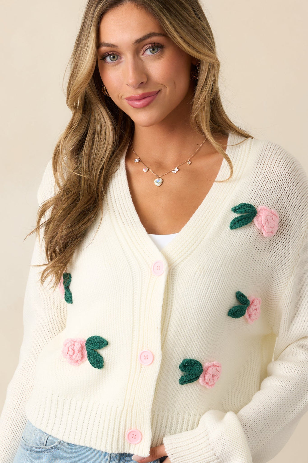 Storytelling Ivory Crochet Rose Button Front Cardigan
