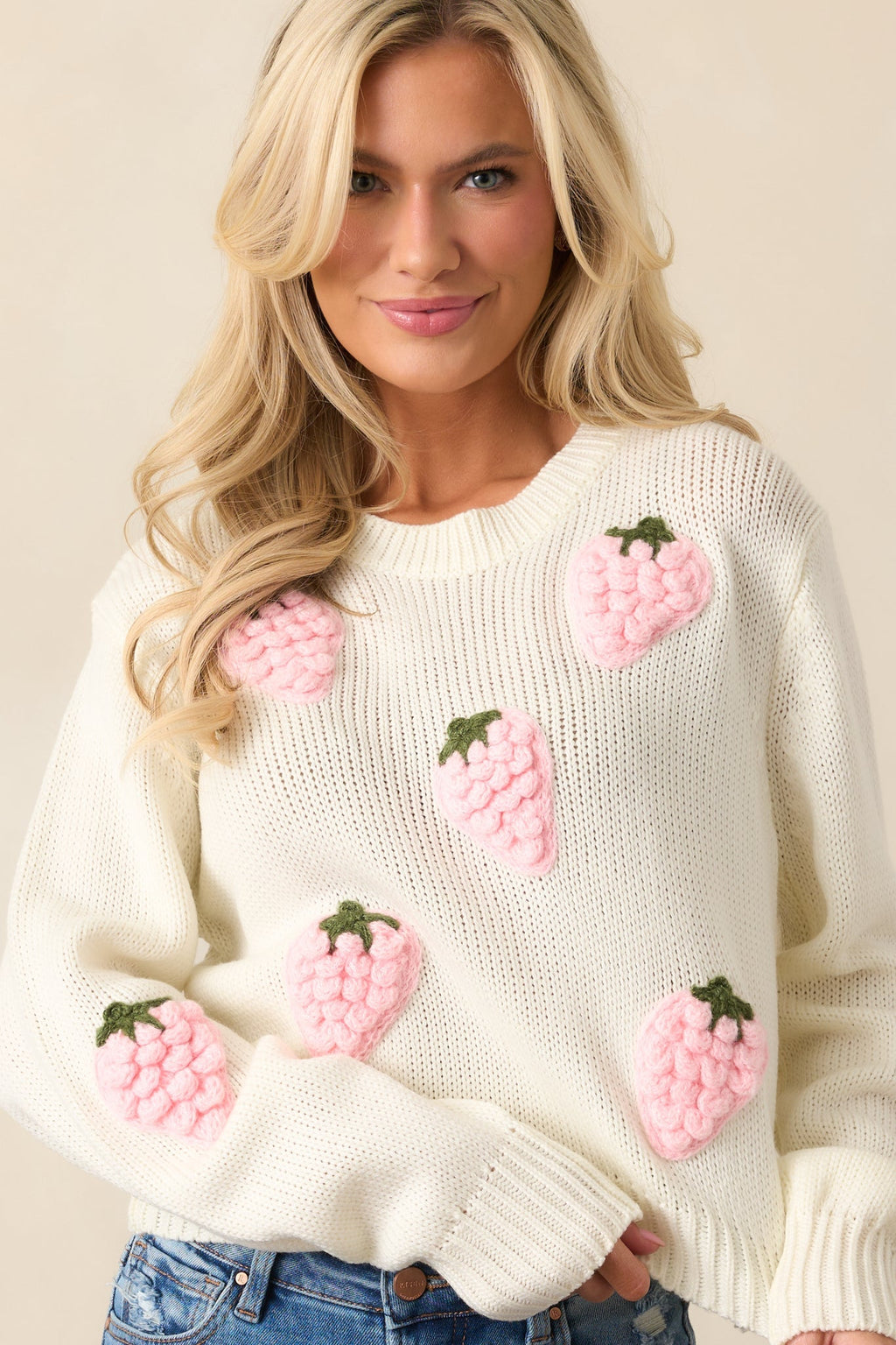 Berry Patch Picnic Ivory Crochet Strawberry Sweater