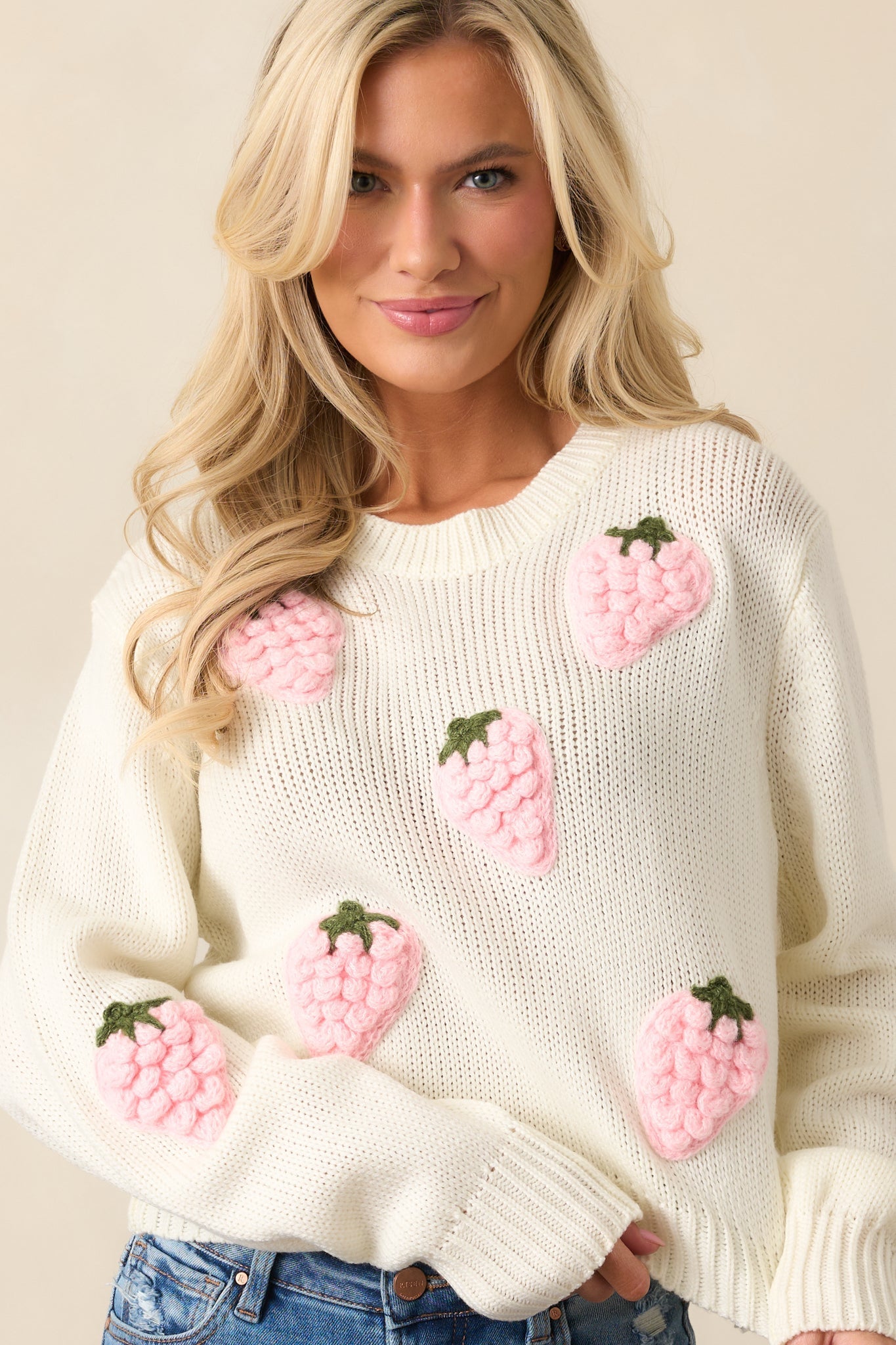 Berry Patch Picnic Ivory Crochet Strawberry Sweater