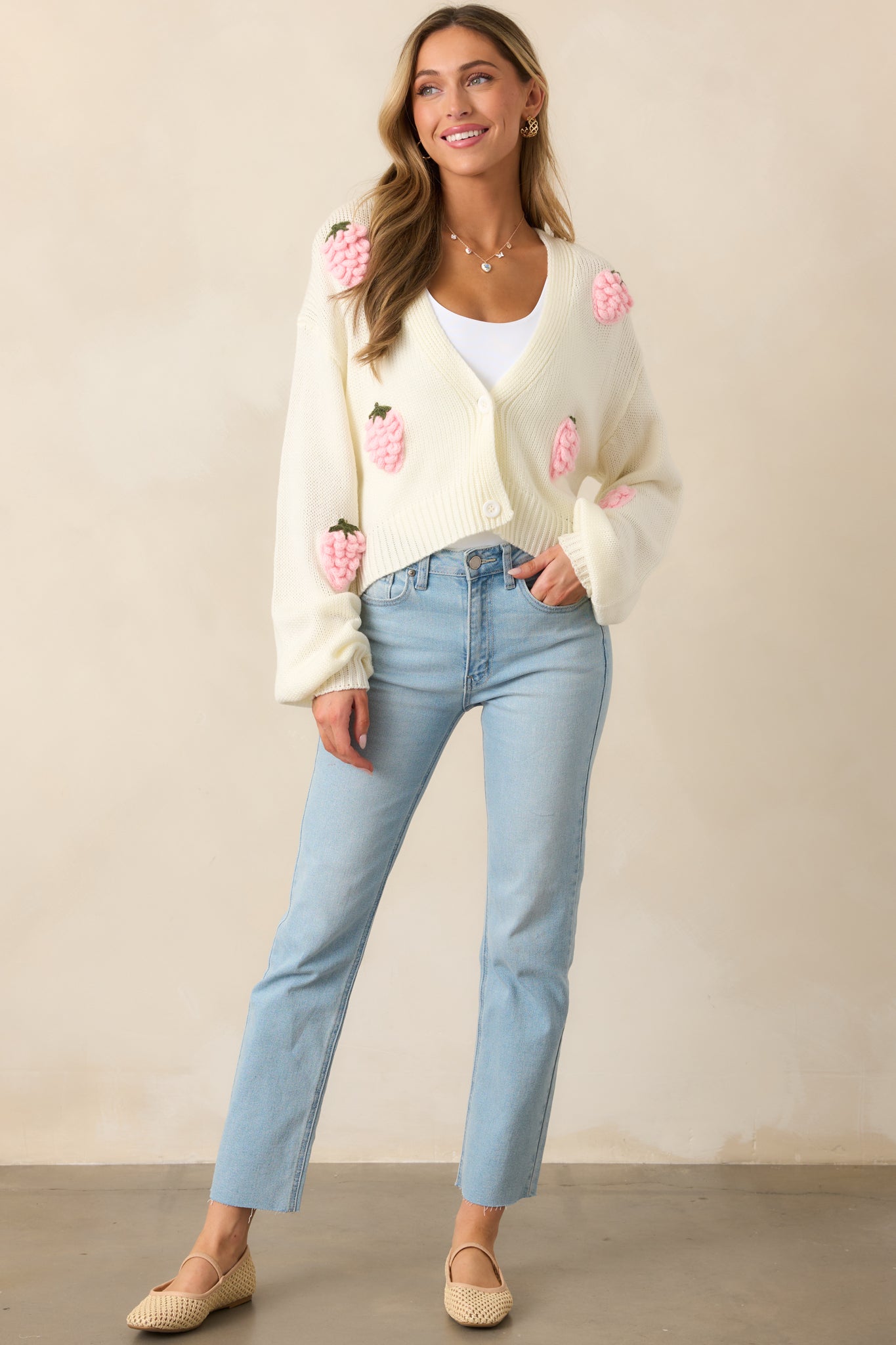 Strawberry Bliss Ivory Knit Button Front Cardigan