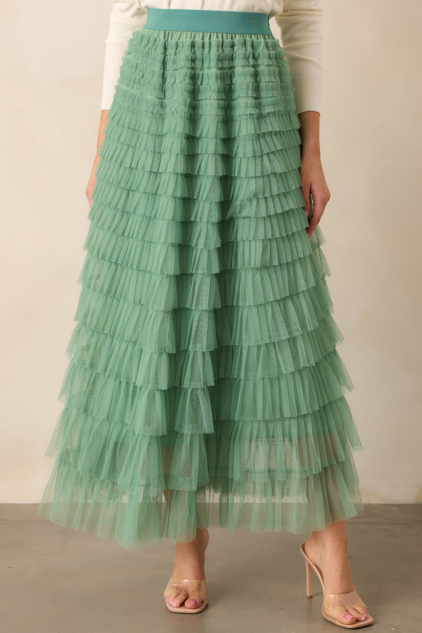 Garden Gathering Sage Tiered Ruffle Tulle Maxi Skirt