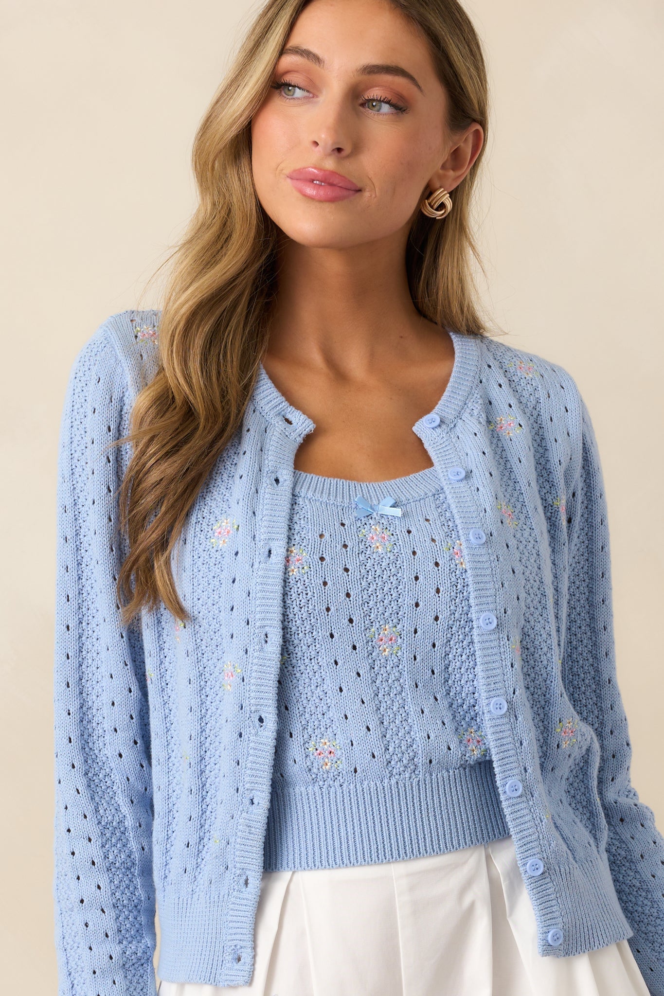Under the Hibiscus Cotton Sky Blue Knit Floral Embroidered Tank Top