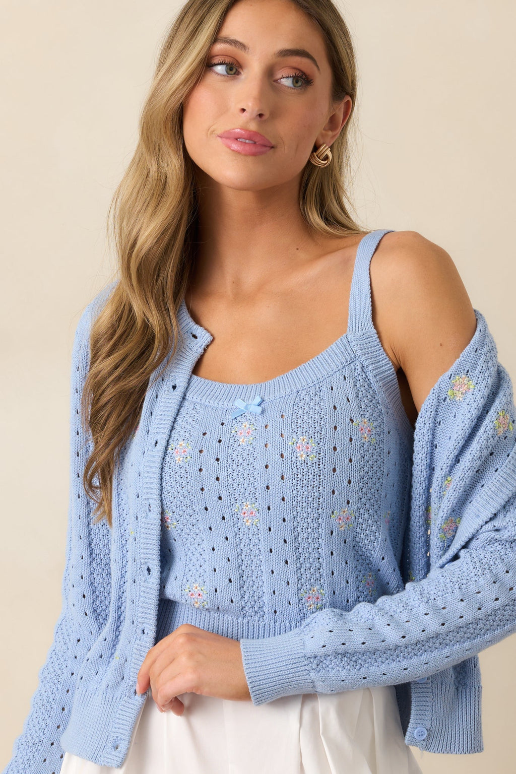 Under the Hibiscus Cotton Sky Blue Knit Floral Embroidered Tank Top