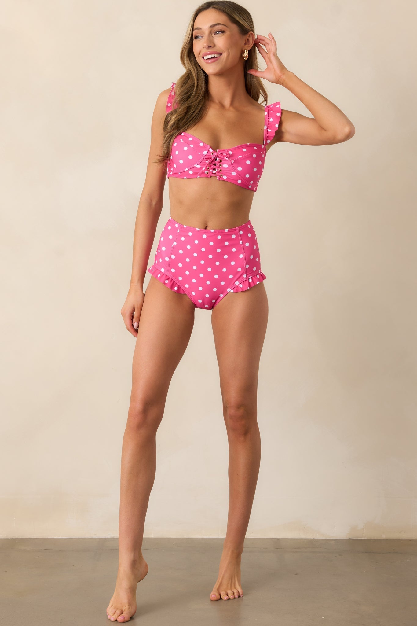 Time To Relax Pink Polka Dot Ruffle Lace-Up Bikini Top