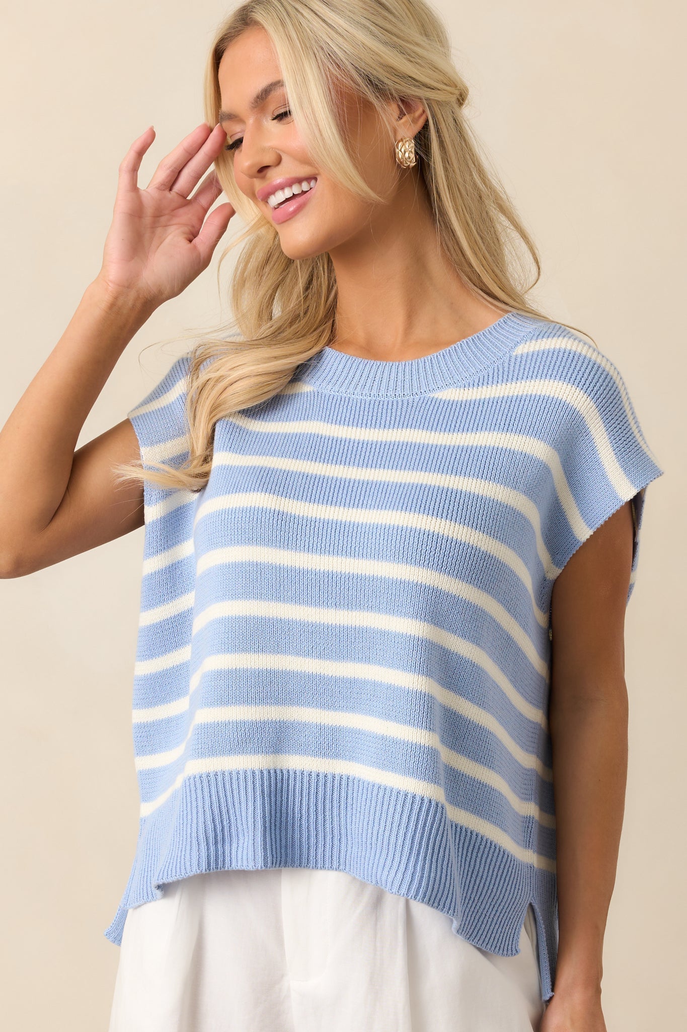 Daring Diva Light Blue Stripe Oversized Sweater Vest
