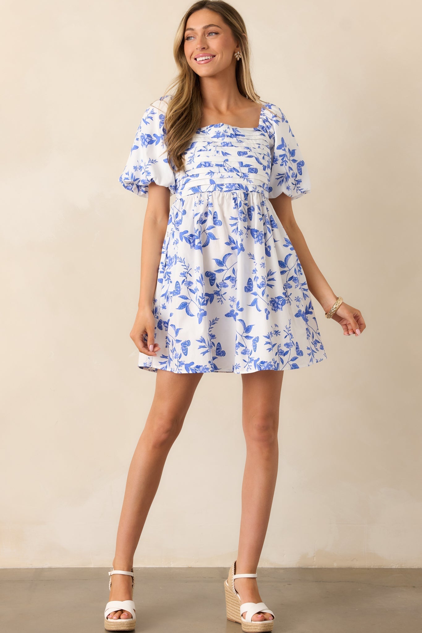 Meadow Stroll Cotton Blue Puff Sleeve Mini Dress