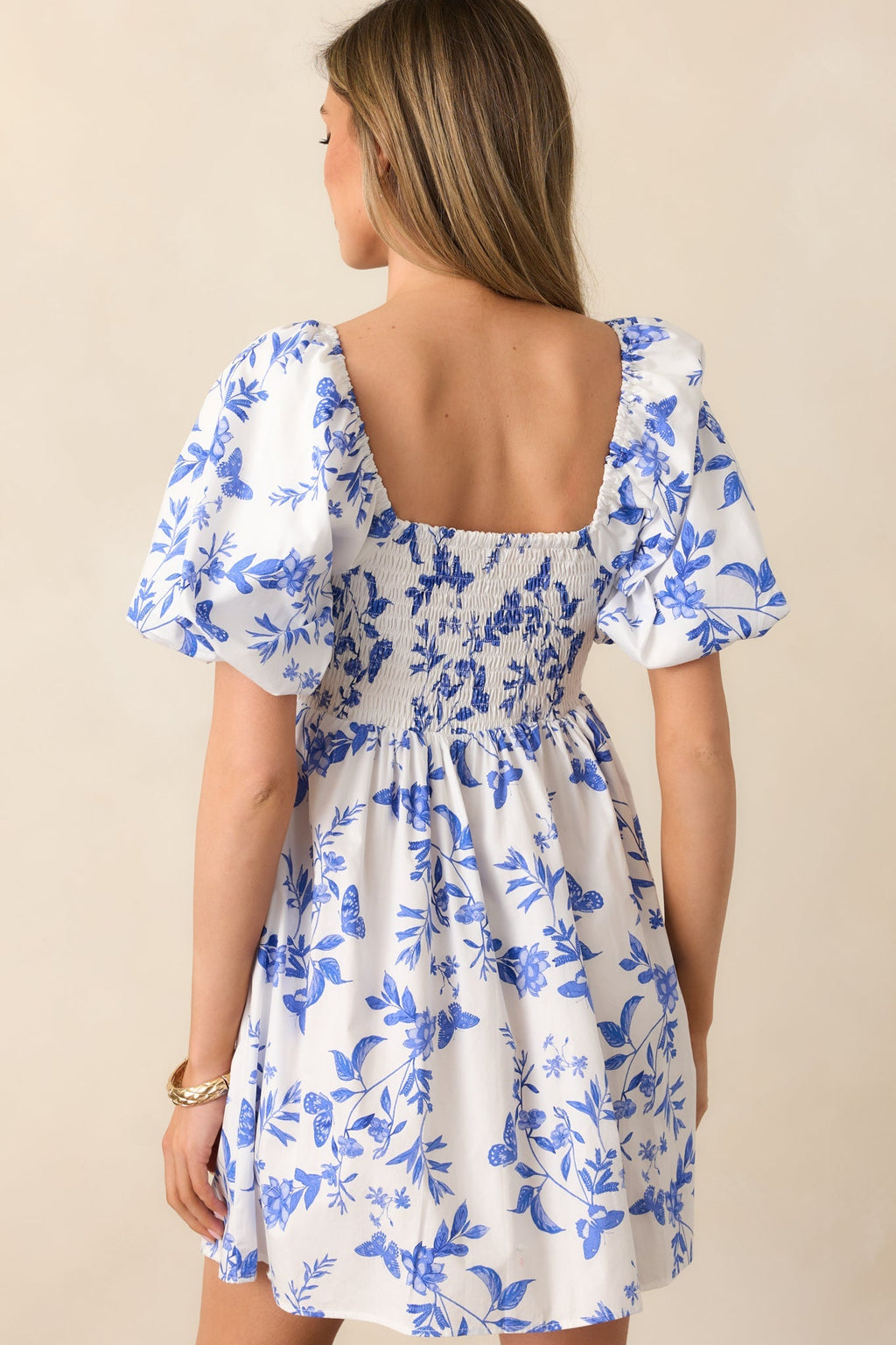 Meadow Stroll Cotton Blue Puff Sleeve Mini Dress