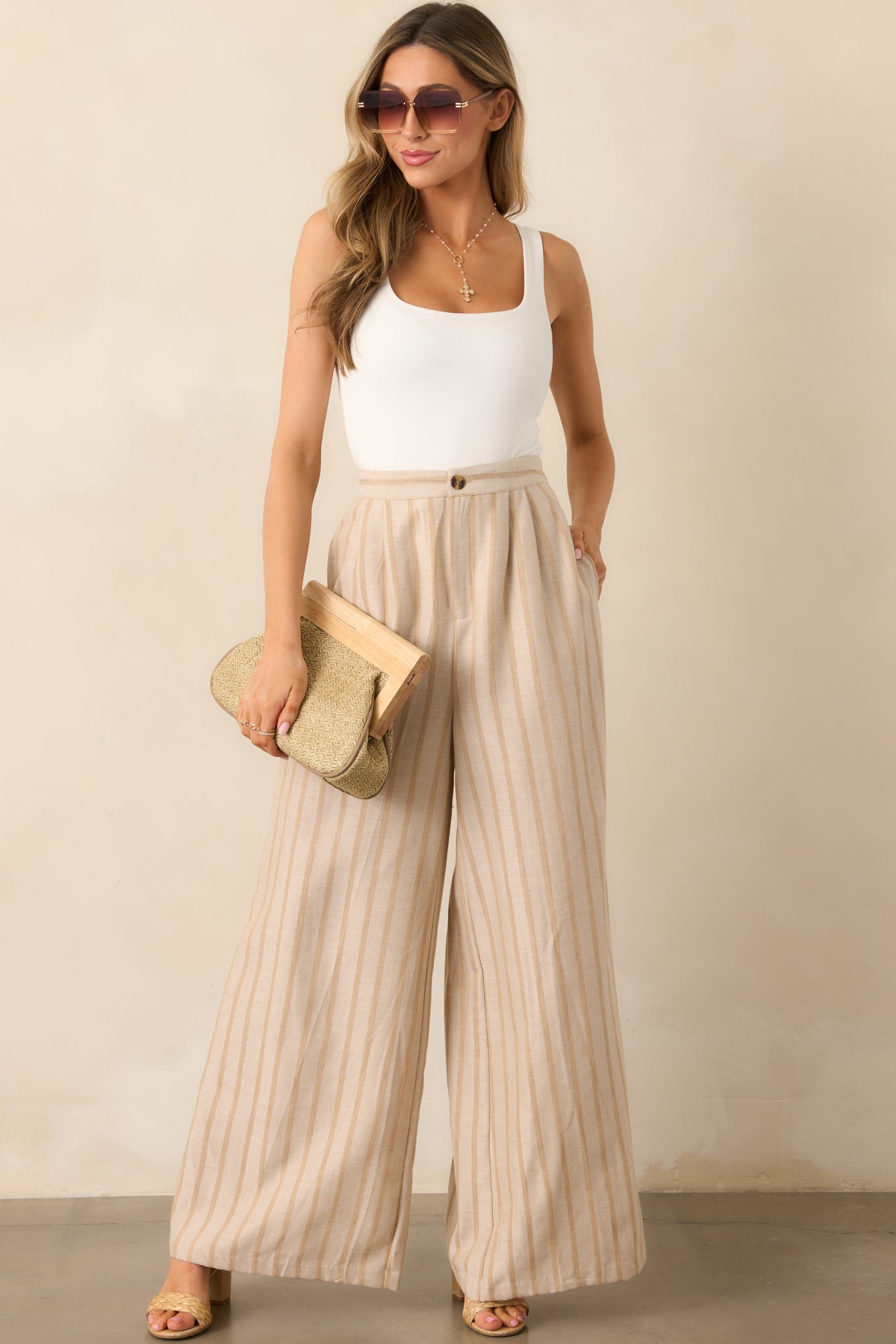 Something Simple Beige Stripe Wide Leg Pants