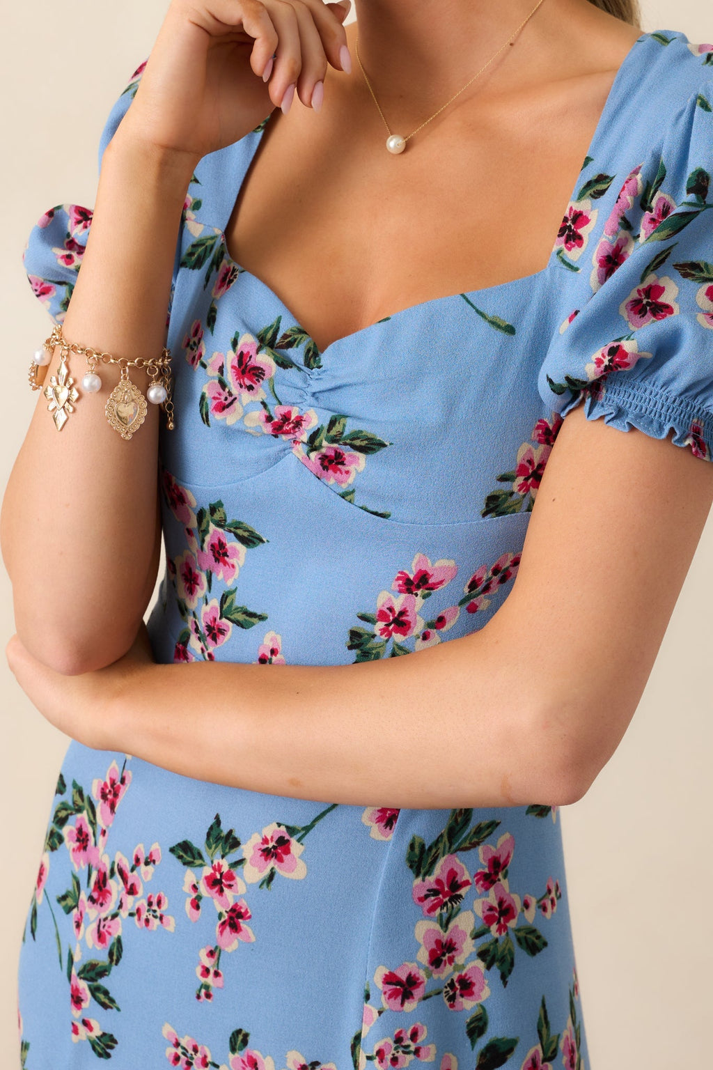 All Eyes On You Ash Blue Floral Puff Sleeve Midi Dress