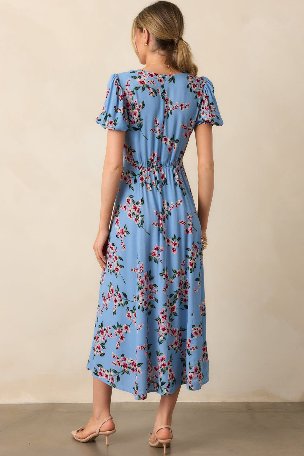 All Eyes On You Ash Blue Floral Puff Sleeve Midi Dress