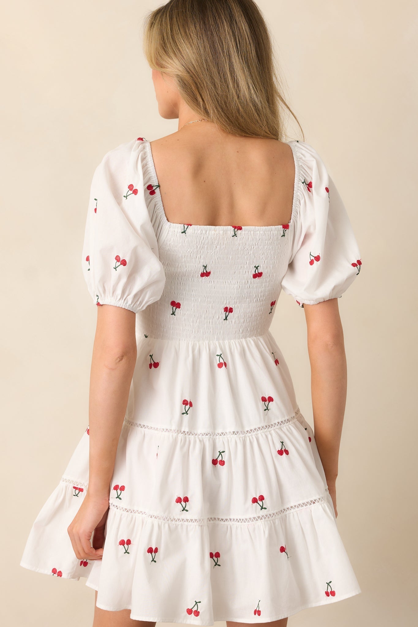 Spending Time White Cotton Cherry Embroidered Mini Dress