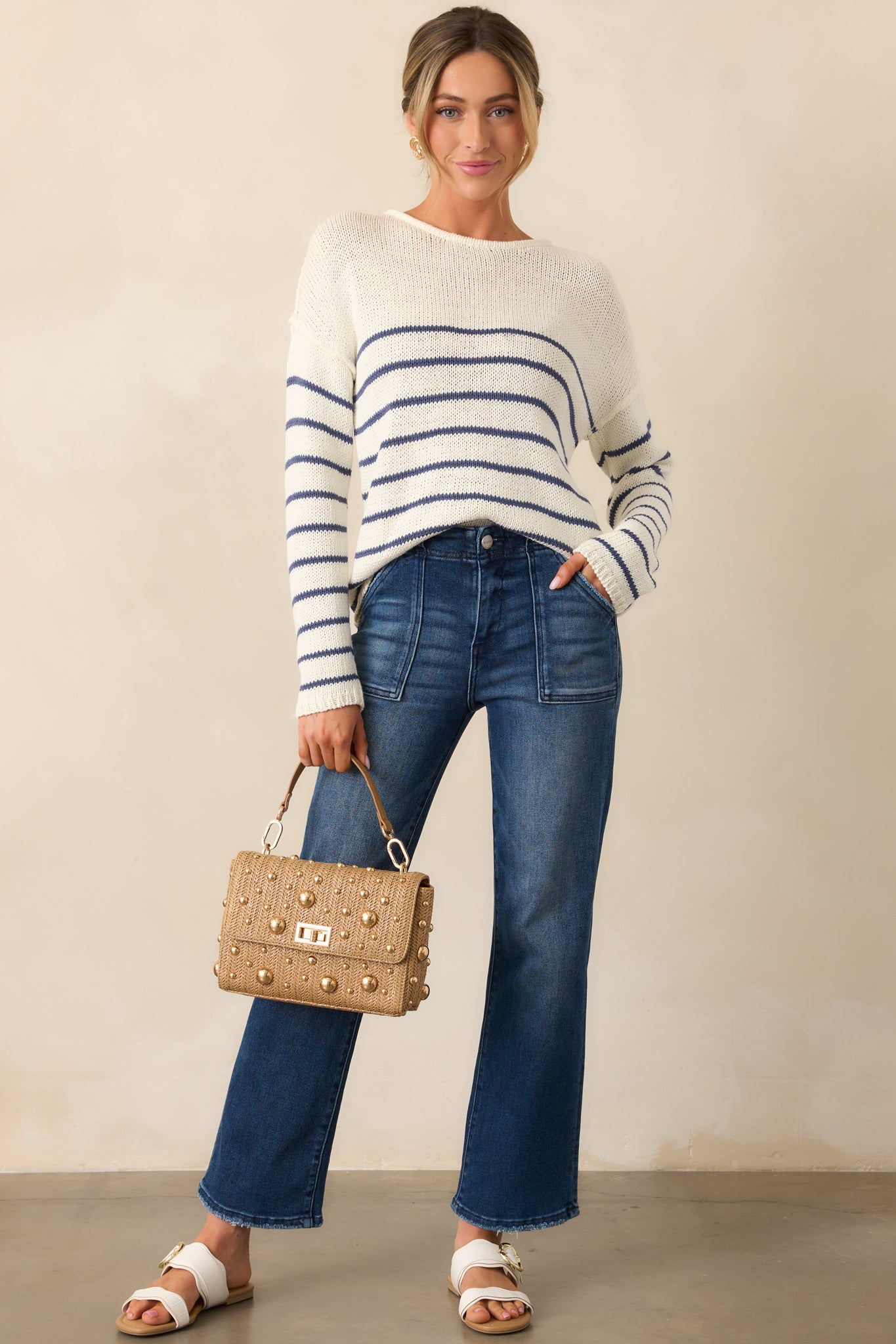 Sailboat At Sunset Ivory Lightweight Knit Stripe Sweater