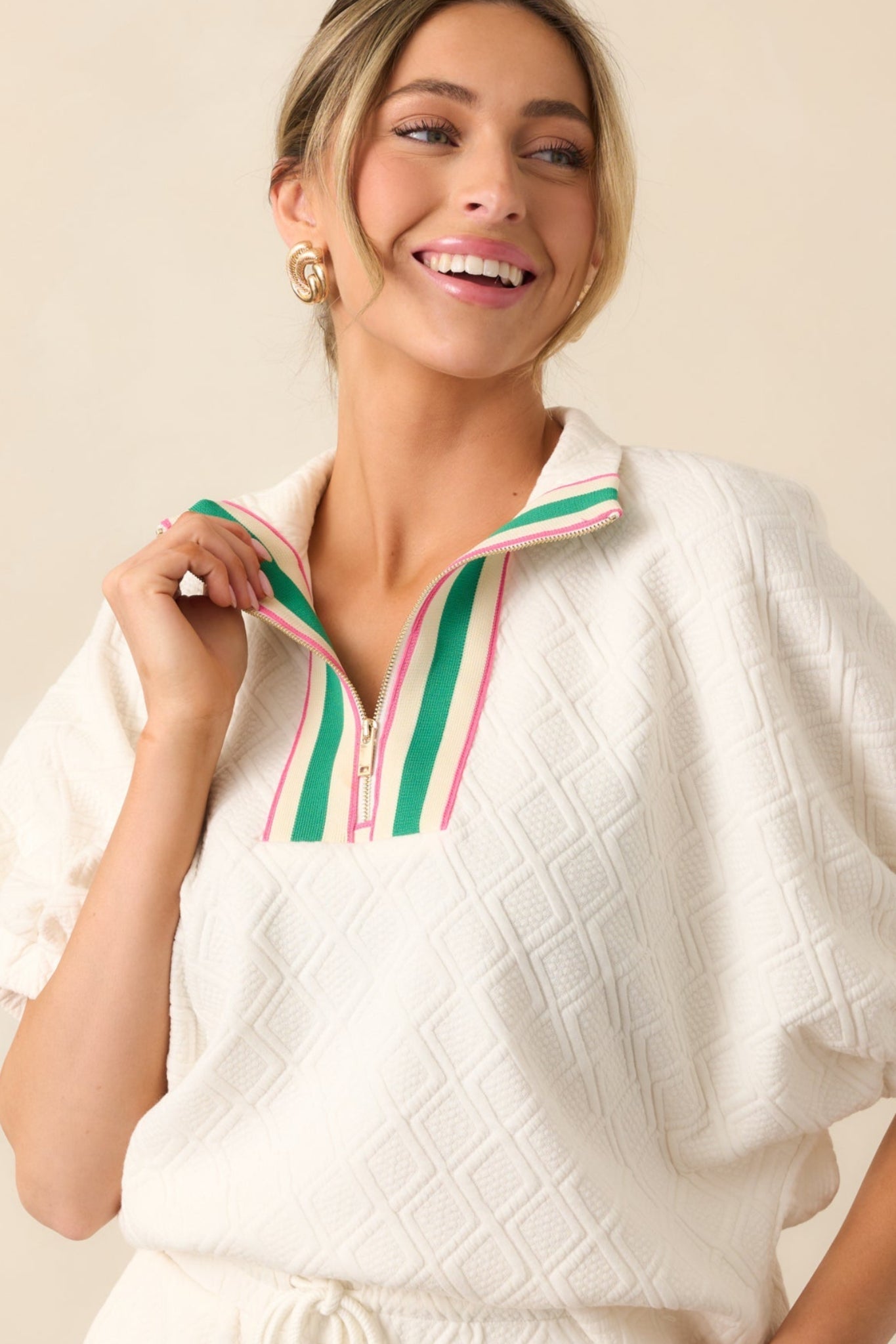 In The Right Direction Ivory Textured Quarter Zip Top
