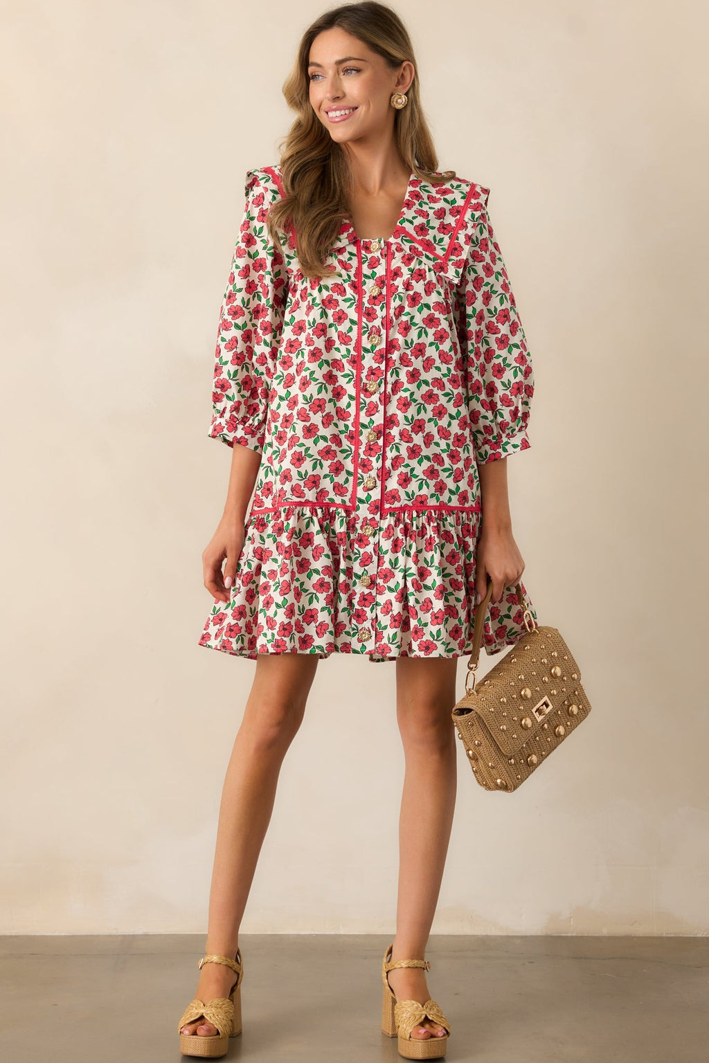 Butterfly Garden Red Cotton Button Front Mini Dress
