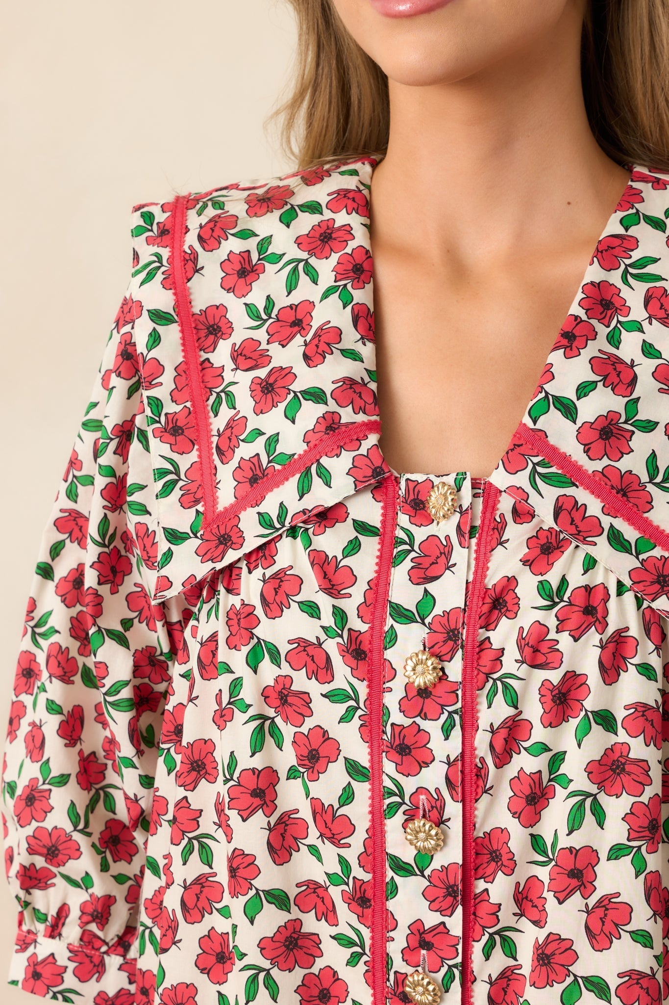 Butterfly Garden Red Cotton Button Front Mini Dress