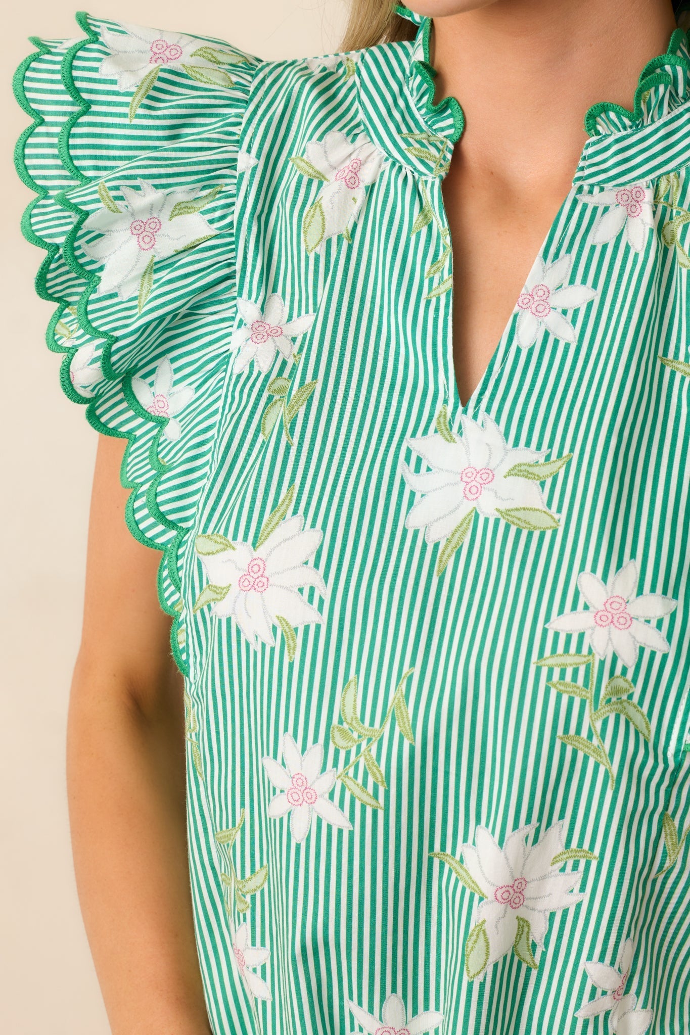 Sidewalk Caf?Green Floral Cotton Flutter Sleeve Top