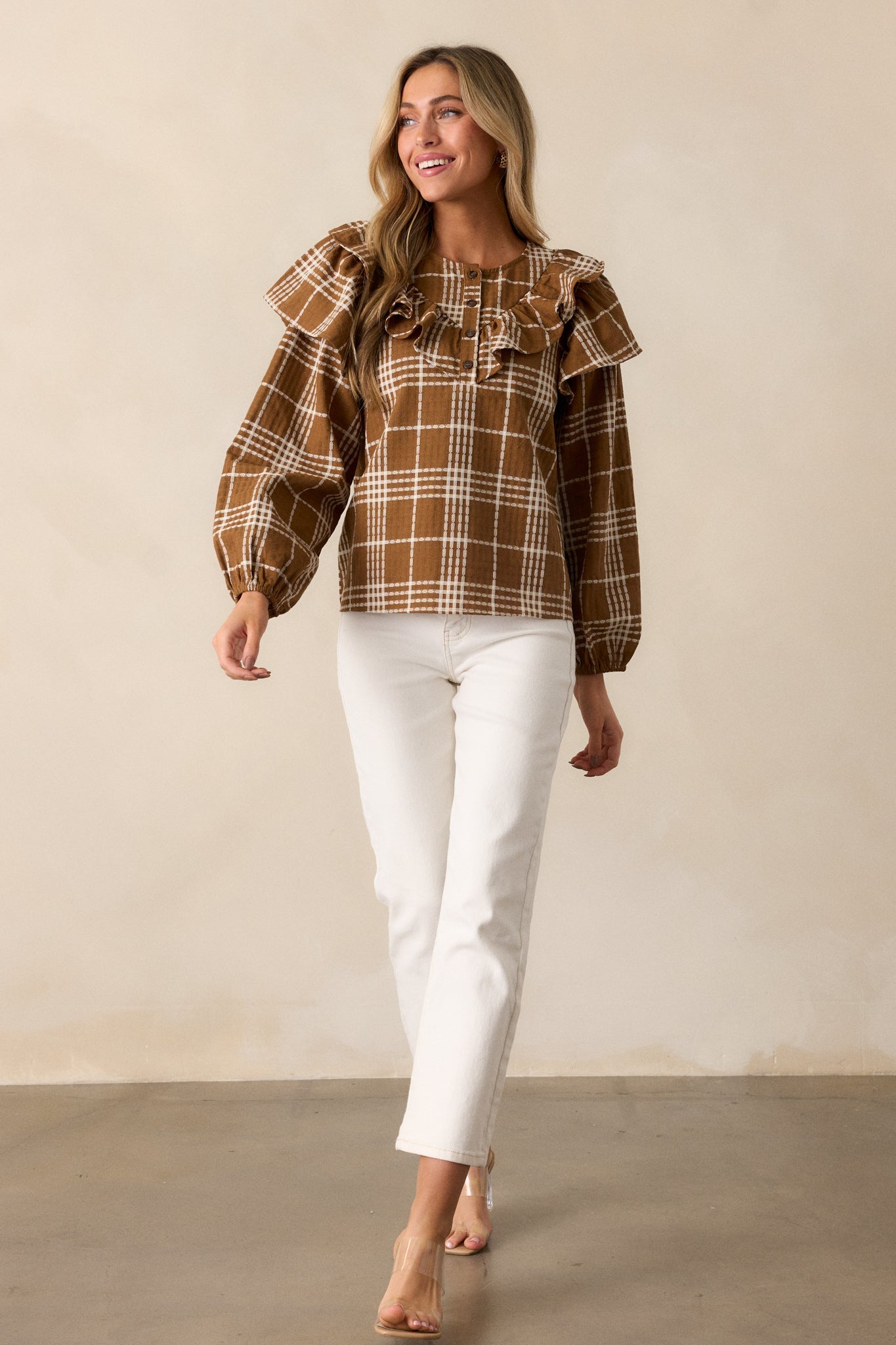 Mellow Moments Cotton Mocha Flutter Sleeve Blouse