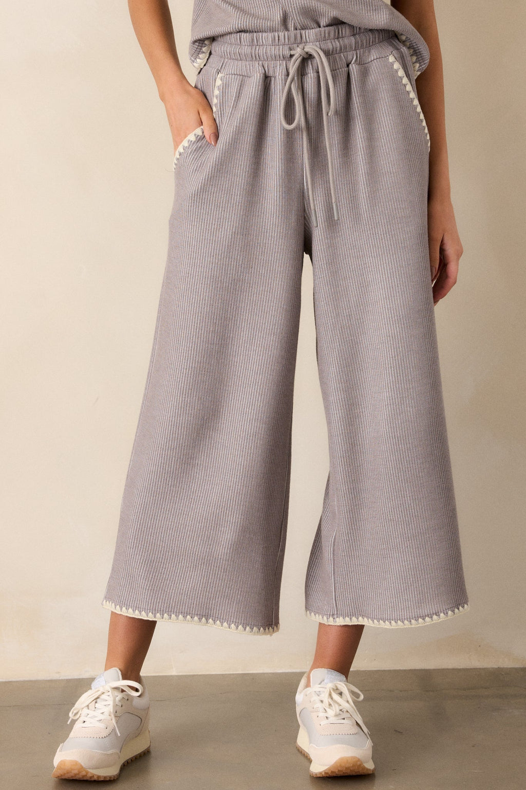 Anytime Now Grey Blanket Stitch Wide Leg Pants