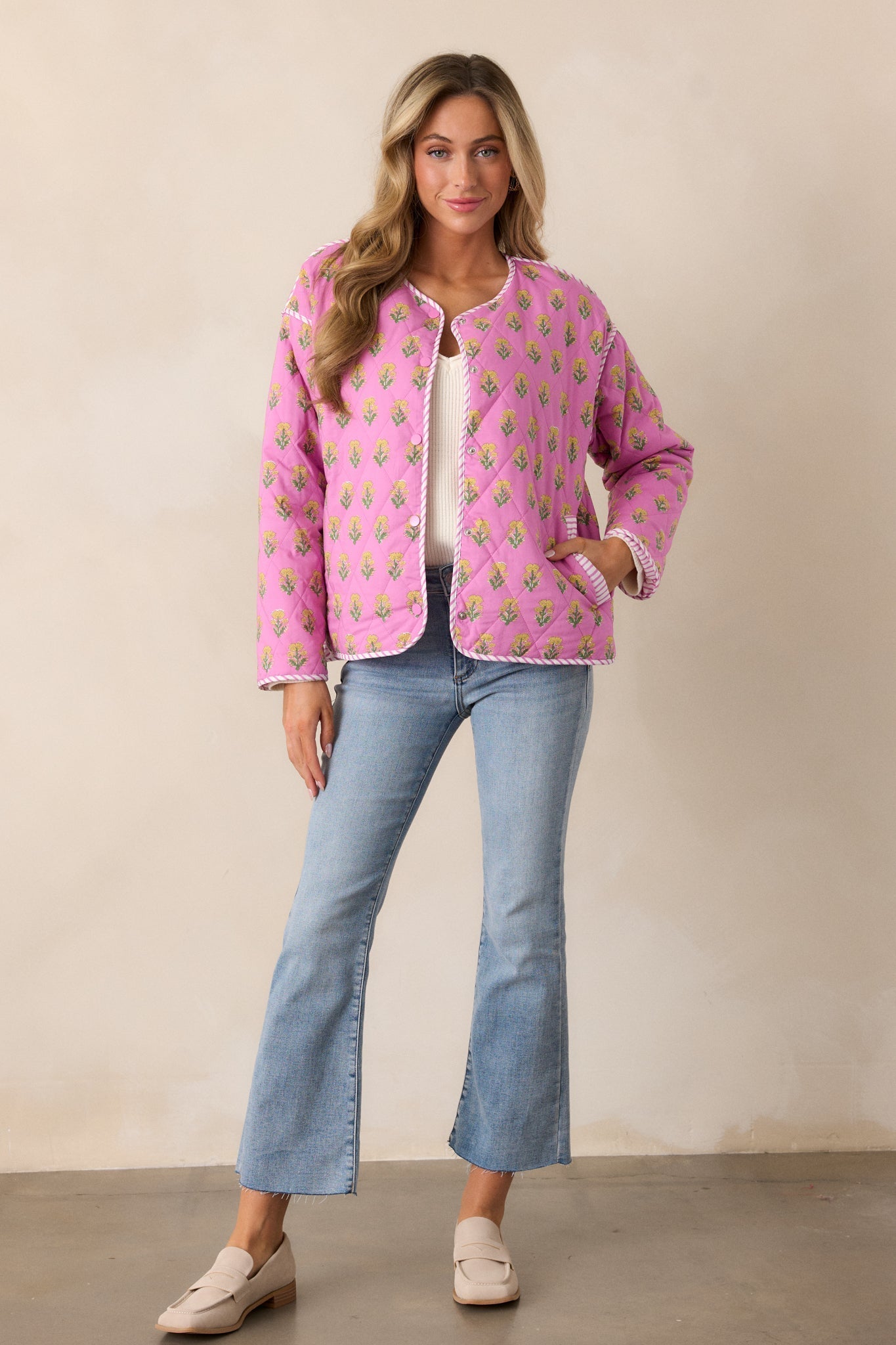Peaceful Retreat Cotton Pink Floral Quilted Jacket