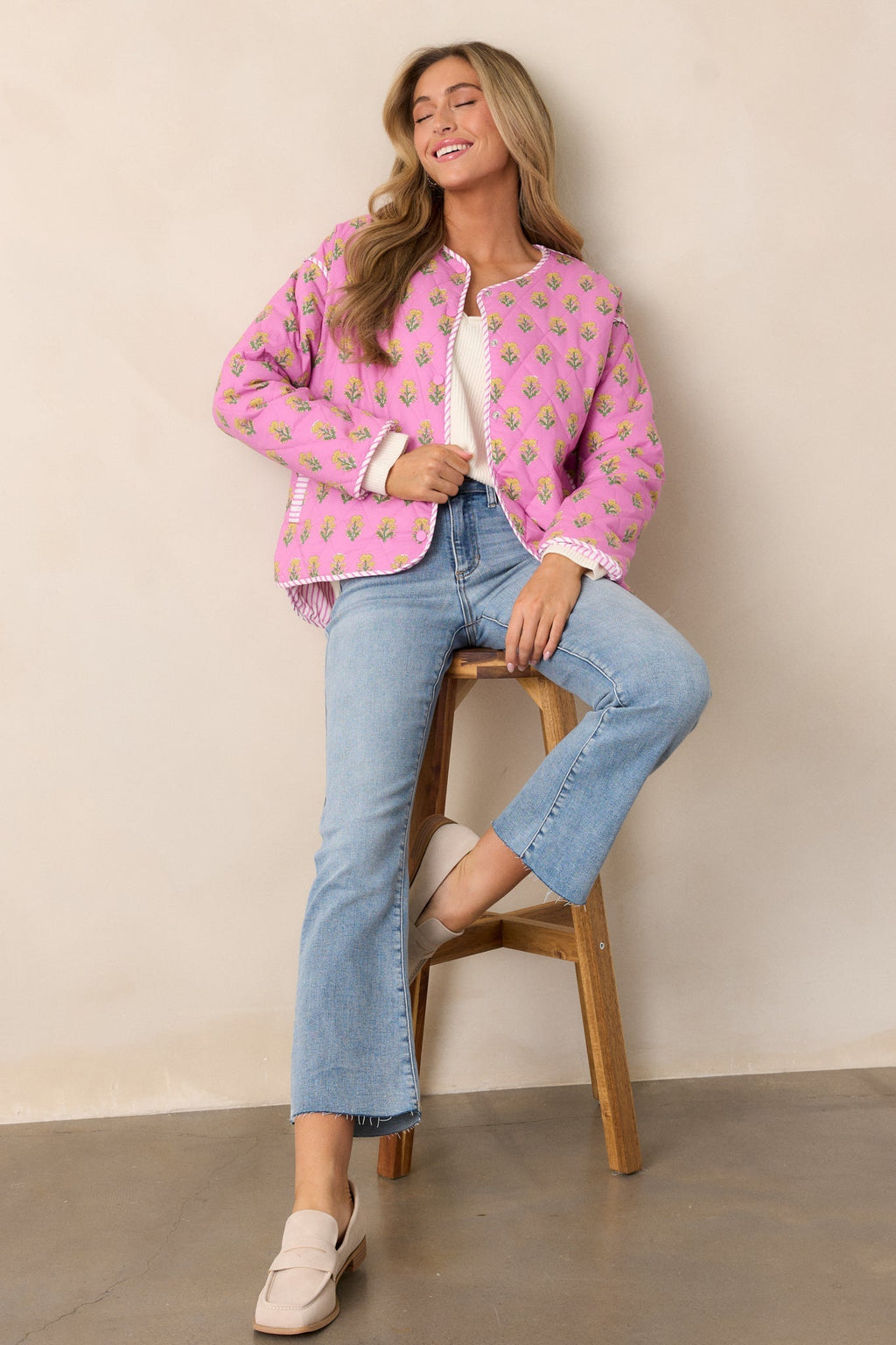 Peaceful Retreat Cotton Pink Floral Quilted Jacket