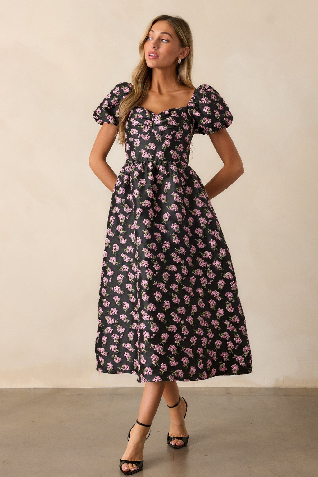 Time Flies Black Floral Jacquard Puff Sleeve Midi Dress