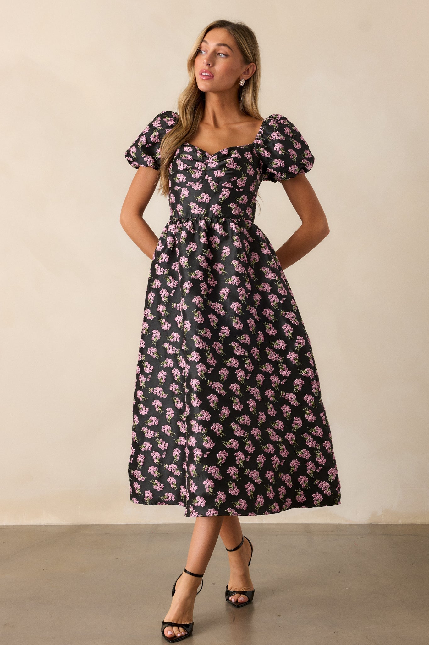 Time Flies Black Floral Jacquard Puff Sleeve Midi Dress