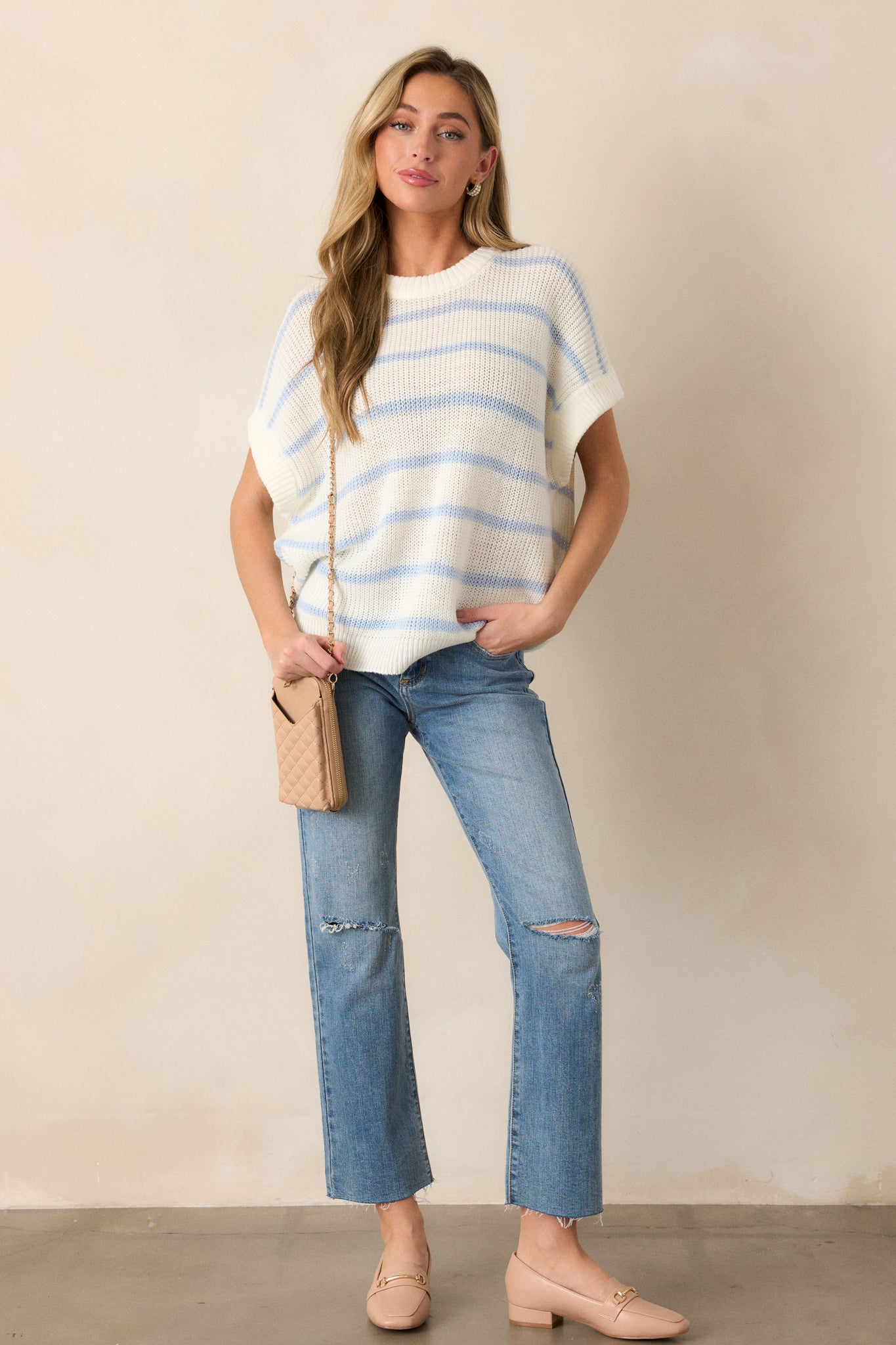 Where You Belong White & Blue Stripe Short Sleeve Sweater Top