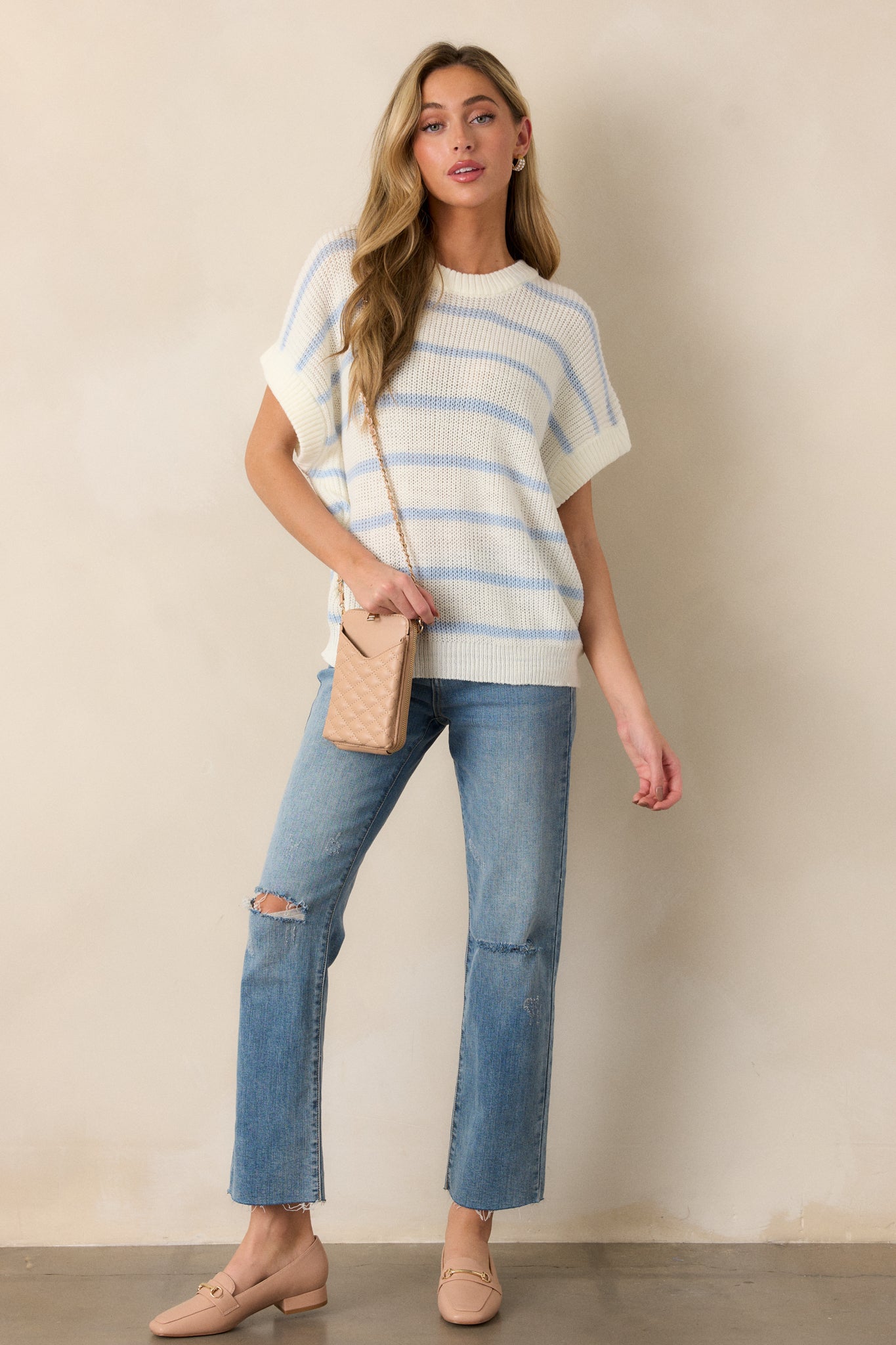 Where You Belong White & Blue Stripe Short Sleeve Sweater Top