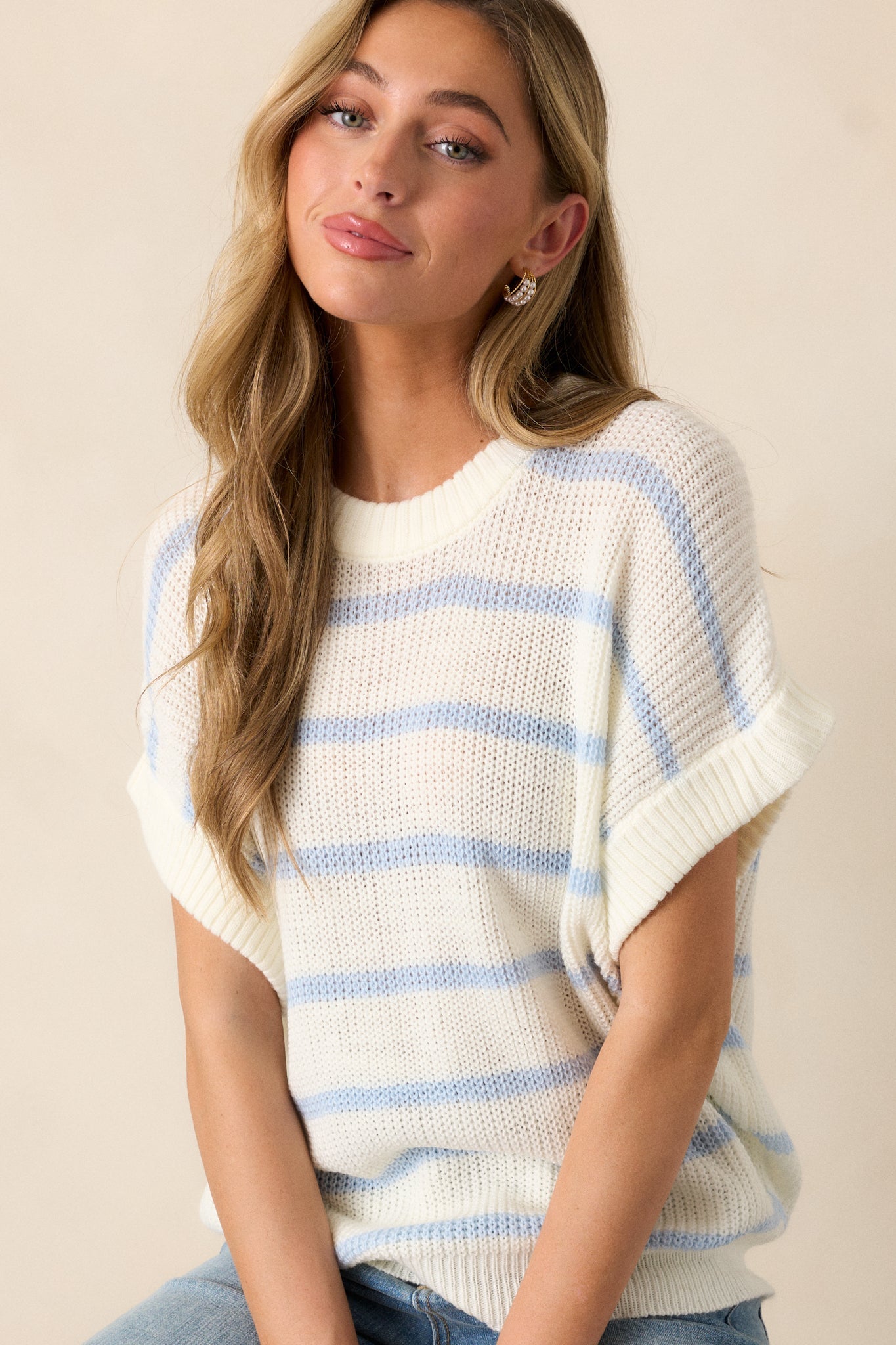 Where You Belong White & Blue Stripe Short Sleeve Sweater Top