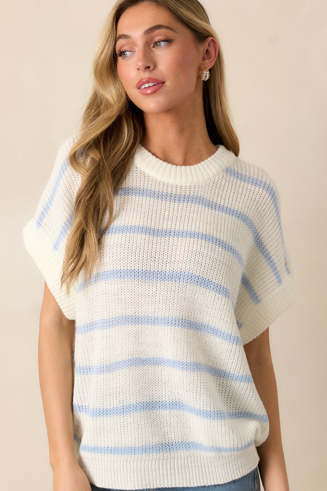 Where You Belong White & Blue Stripe Short Sleeve Sweater Top