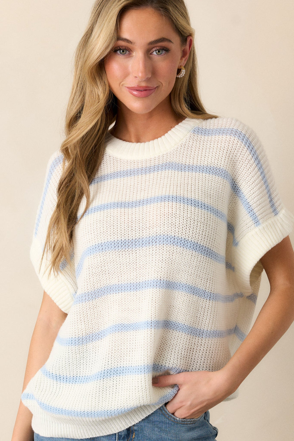 Where You Belong White & Blue Stripe Short Sleeve Sweater Top
