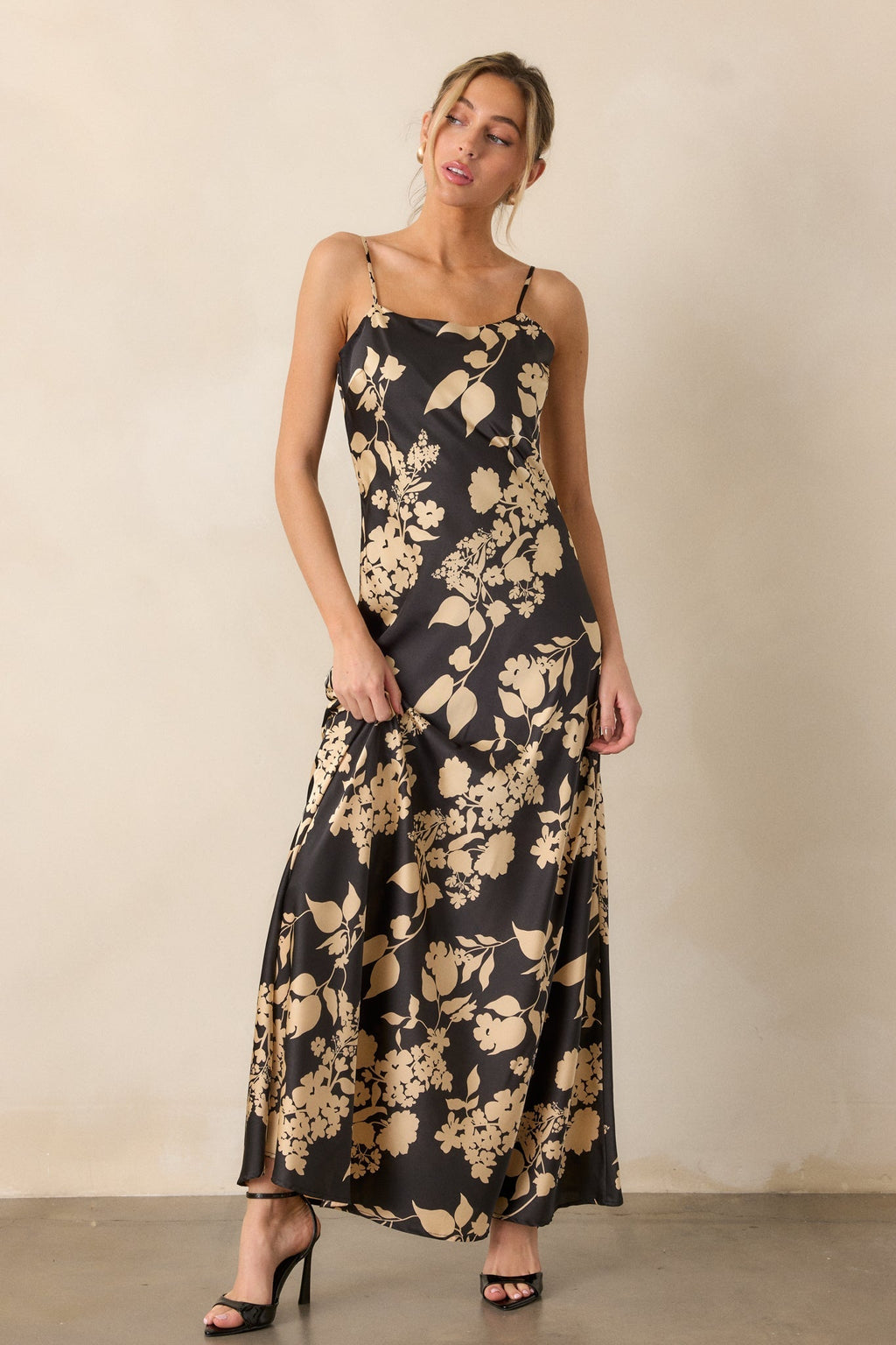 Crescent Glow Black Floral Satin Maxi Dress