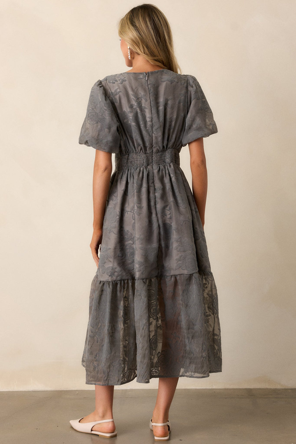 Faded Blossoms Grey Floral Puff Sleeve Midi Dress