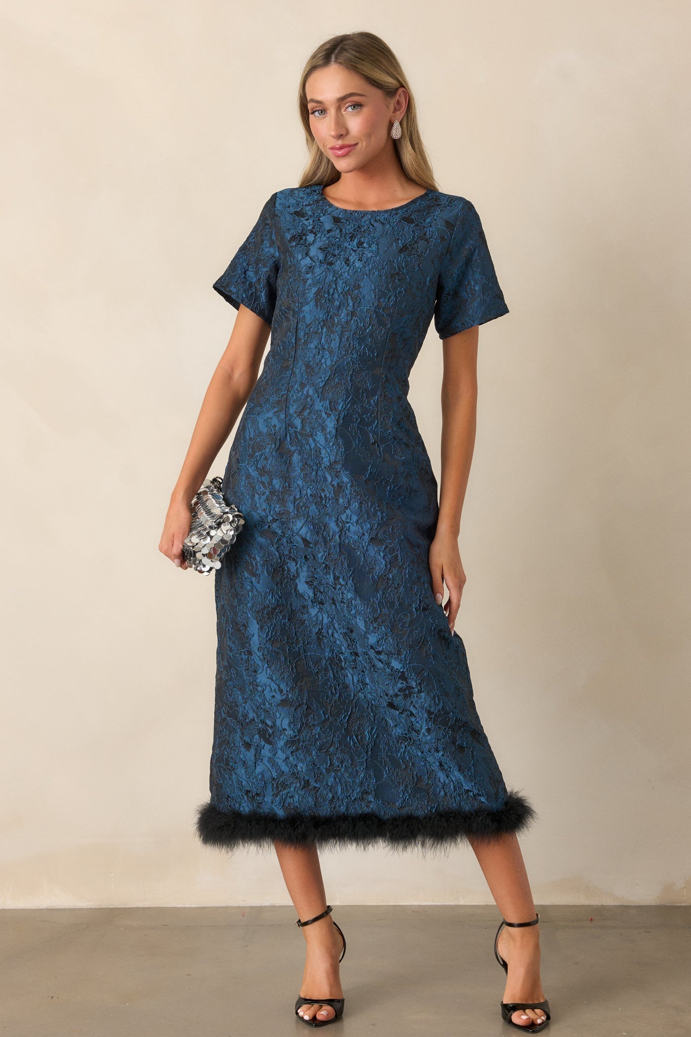 Glamour in Motion Dark Teal Jacquard Midi Dress