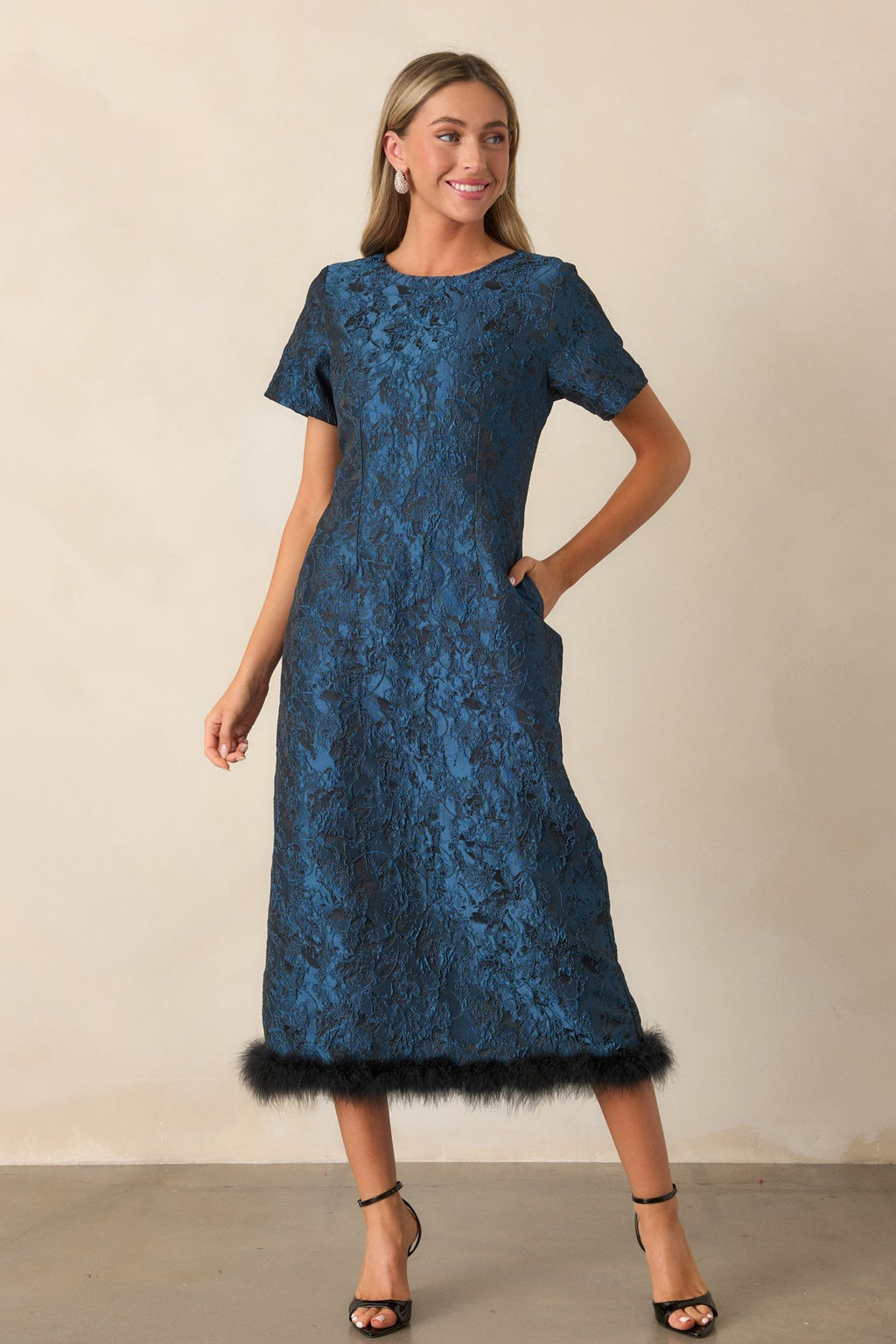Glamour in Motion Dark Teal Jacquard Midi Dress