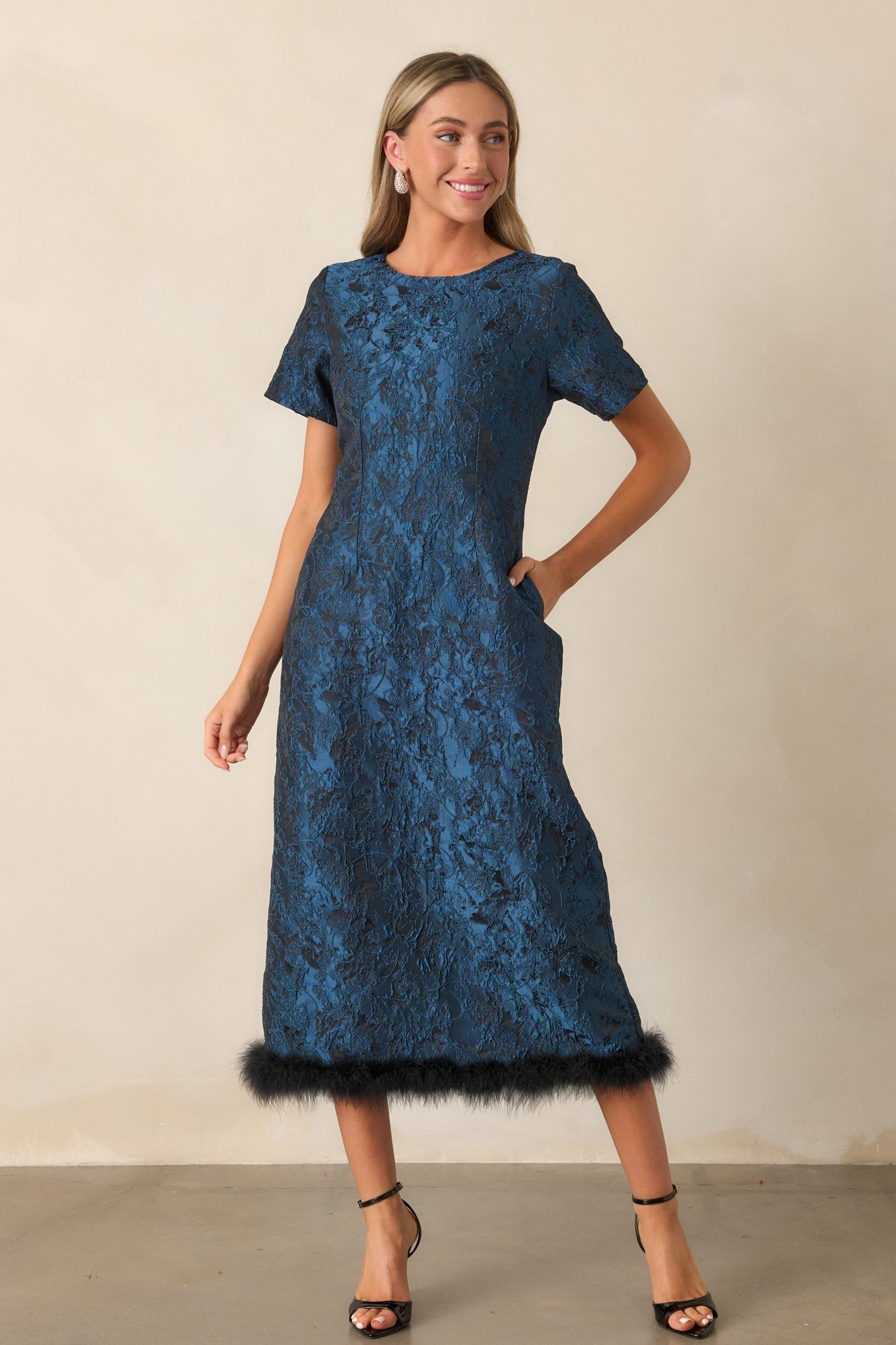 Glamour in Motion Dark Teal Jacquard Midi Dress