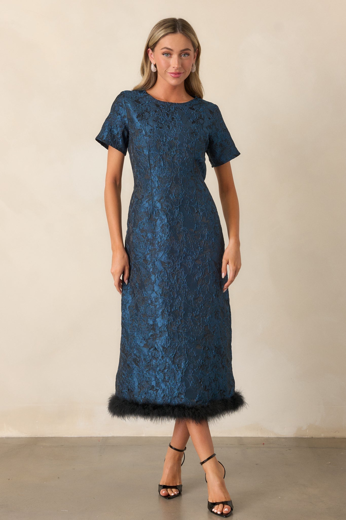 Glamour in Motion Dark Teal Jacquard Midi Dress