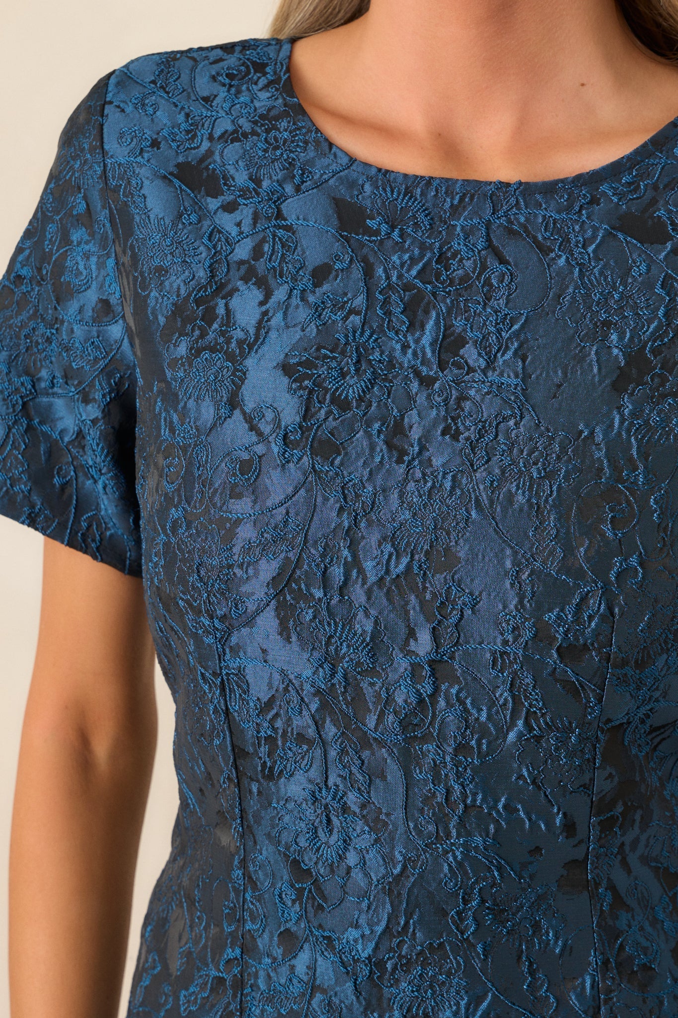 Glamour in Motion Dark Teal Jacquard Midi Dress