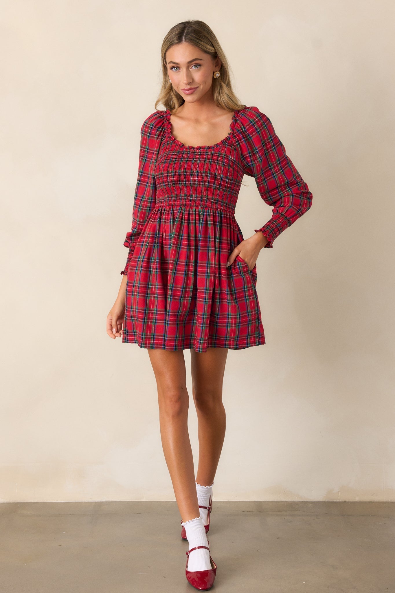 Dance With Me Cotton Red Plaid Long Sleeve Mini Dress