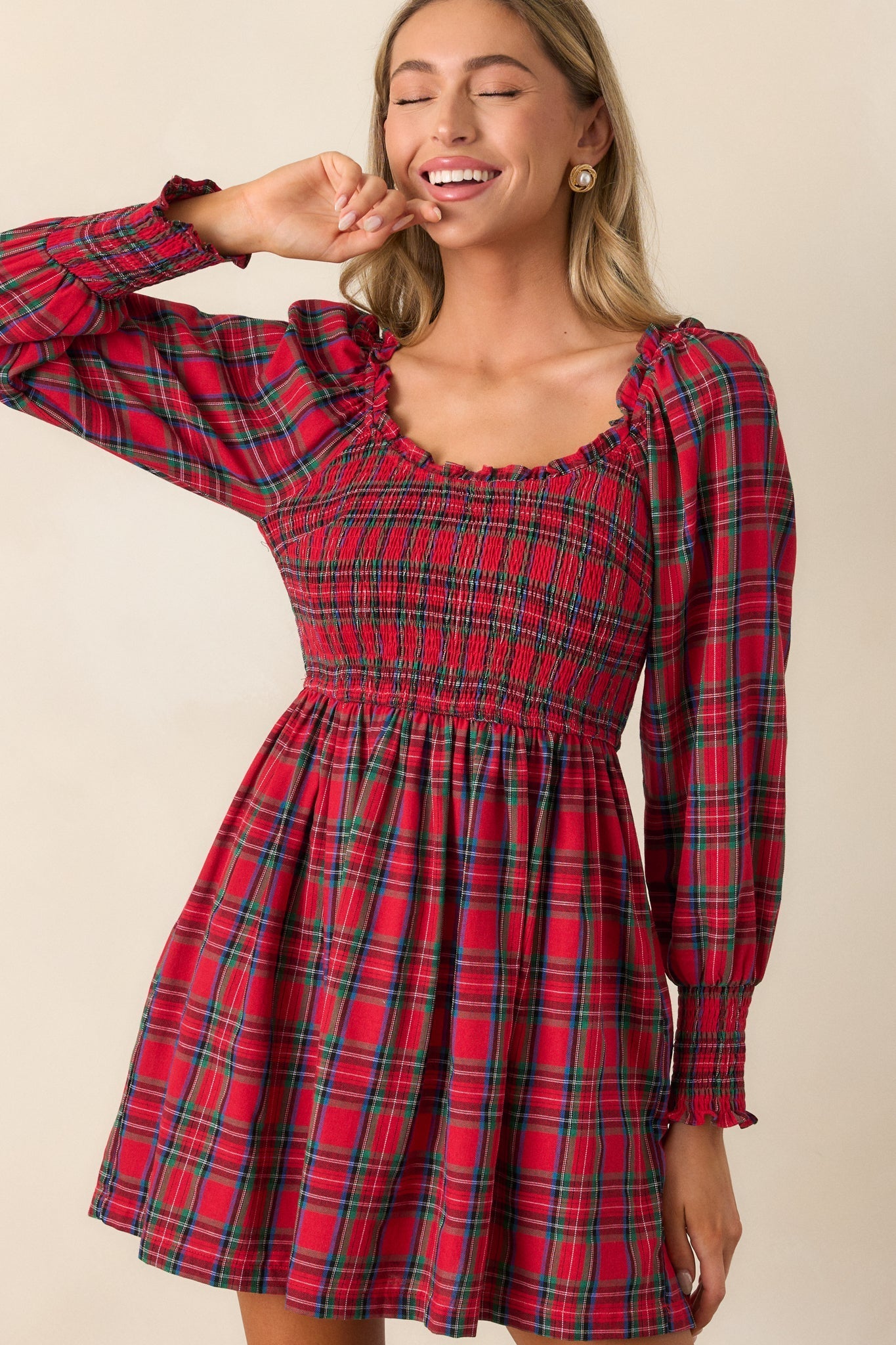 Dance With Me Cotton Red Plaid Long Sleeve Mini Dress