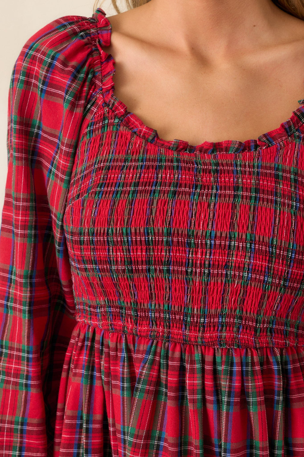 Dance With Me Cotton Red Plaid Long Sleeve Mini Dress