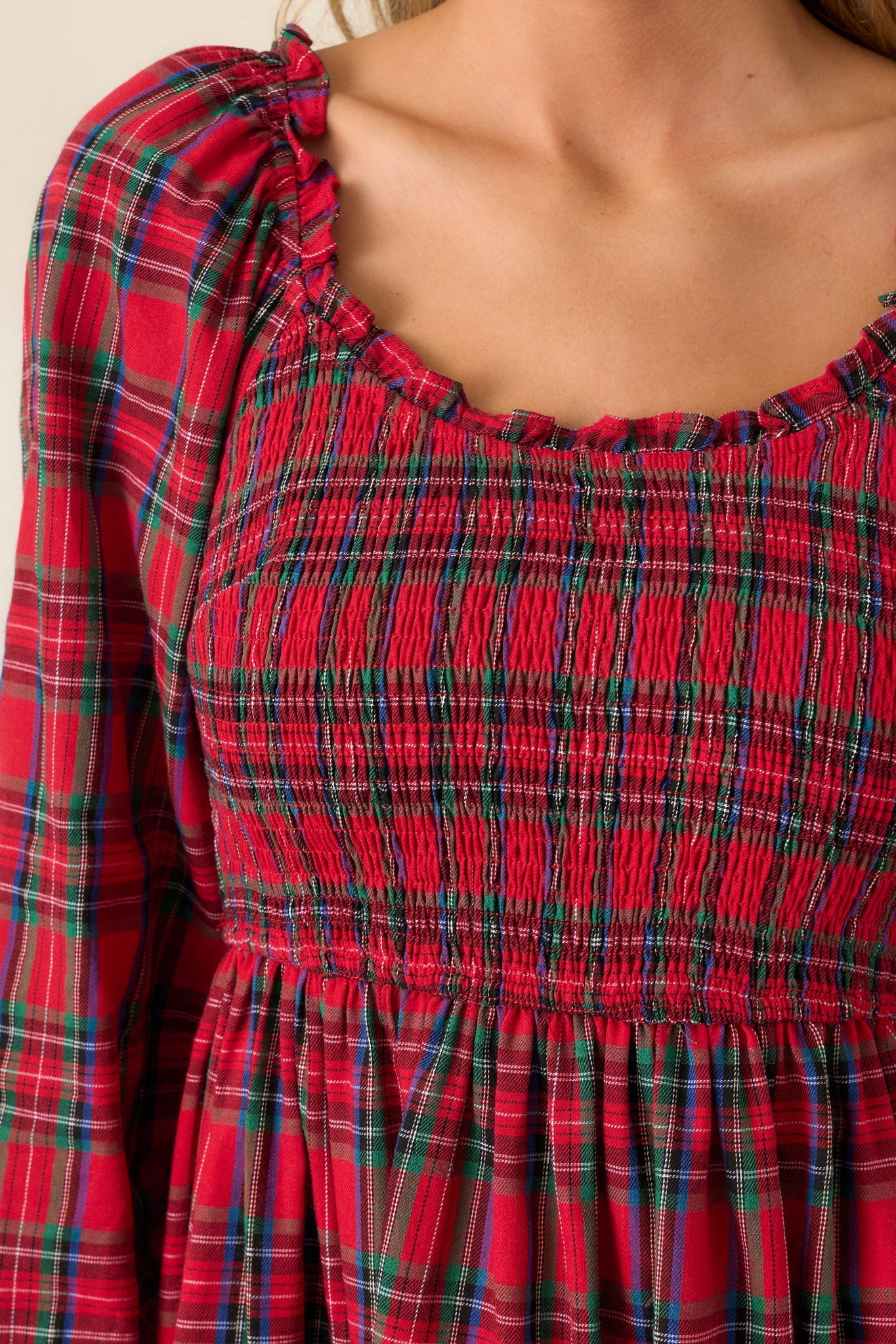 Dance With Me Cotton Red Plaid Long Sleeve Mini Dress