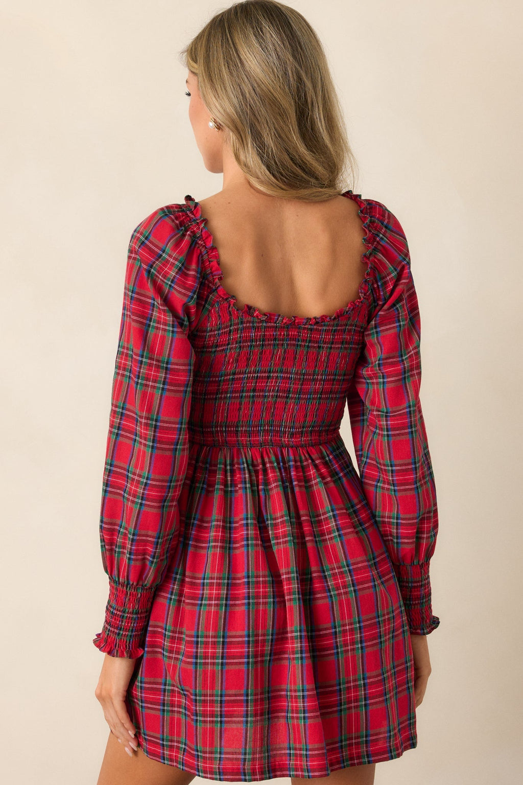 Dance With Me Cotton Red Plaid Long Sleeve Mini Dress