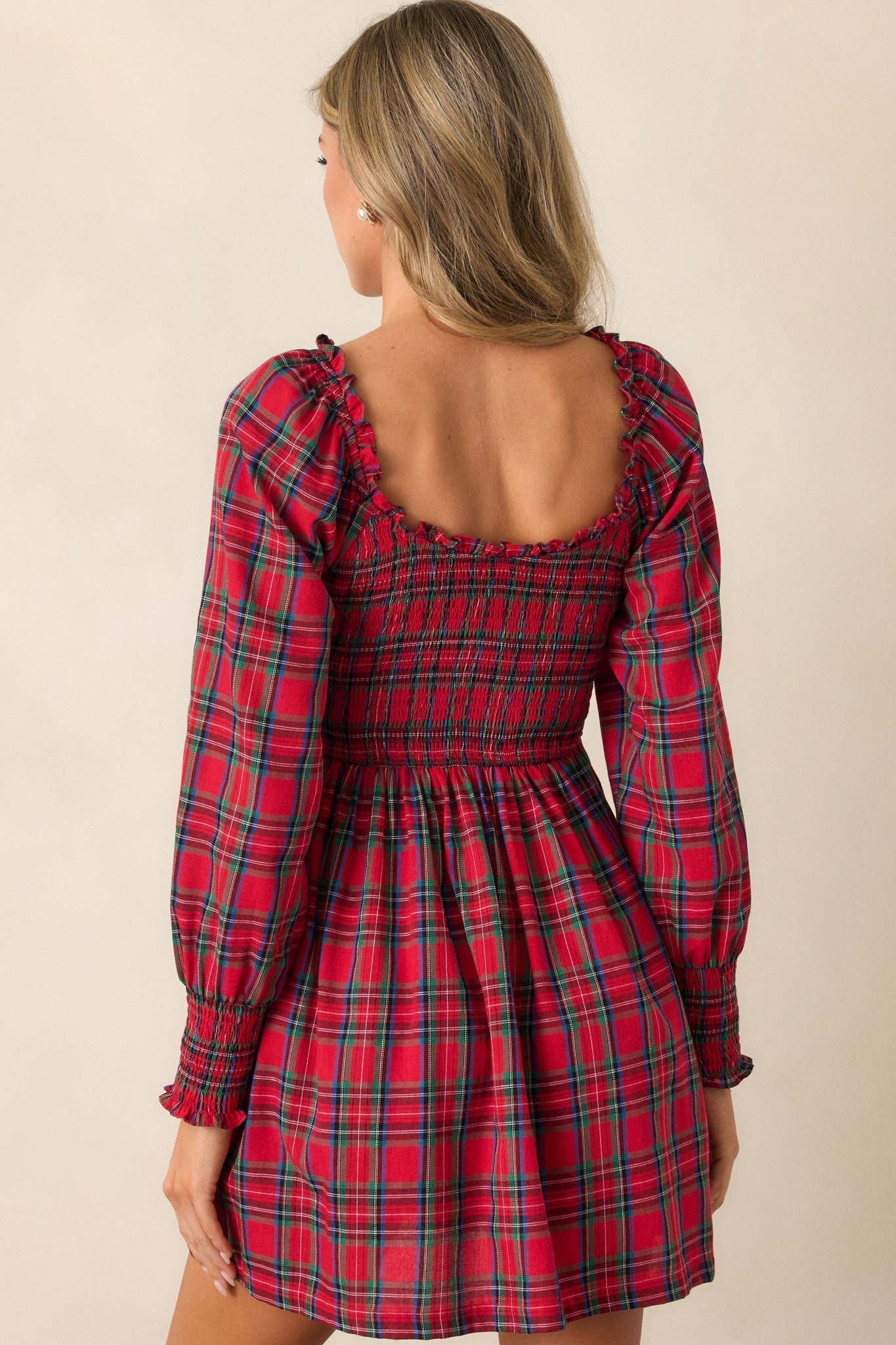 Dance With Me Cotton Red Plaid Long Sleeve Mini Dress