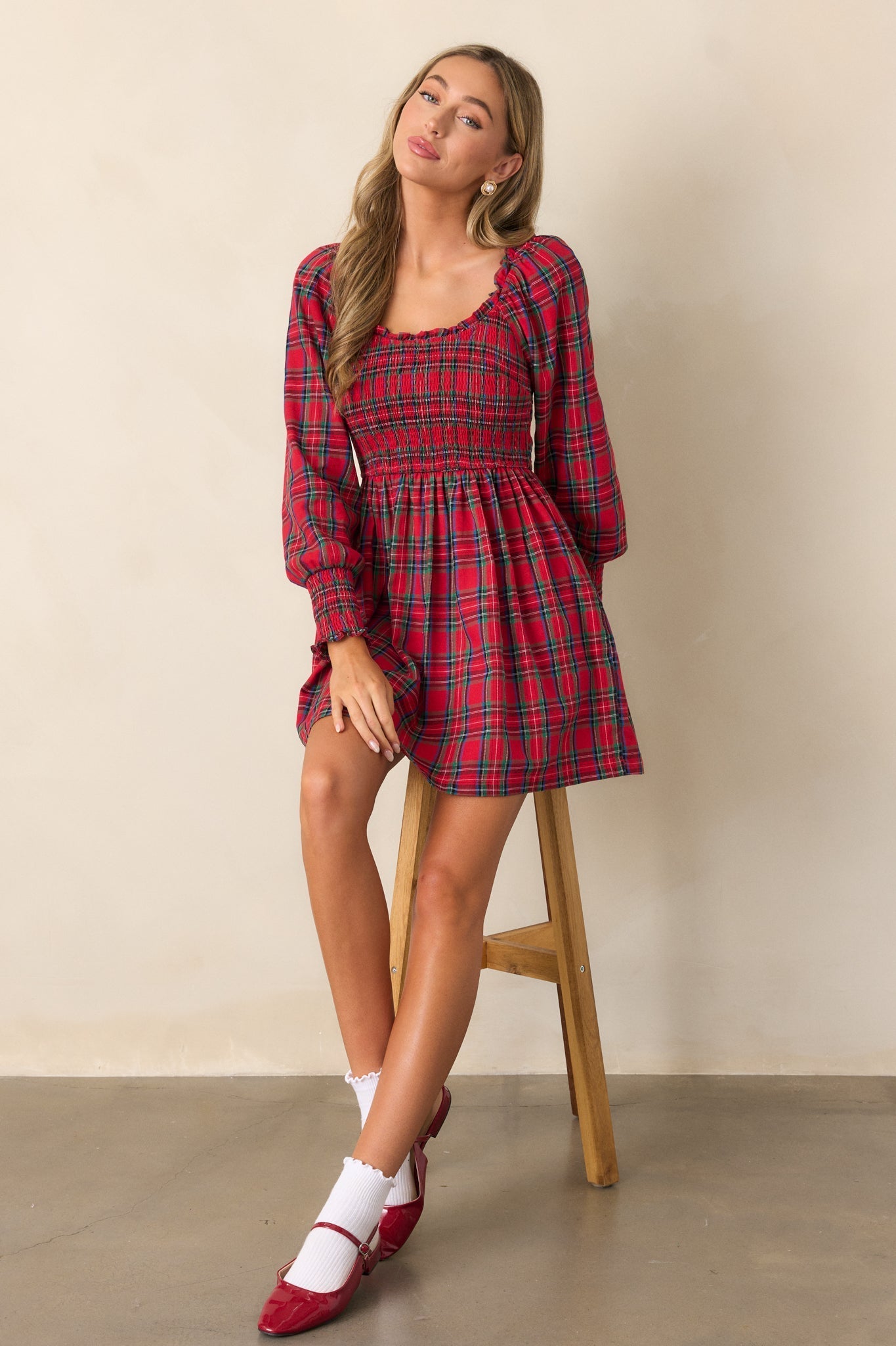 Dance With Me Cotton Red Plaid Long Sleeve Mini Dress