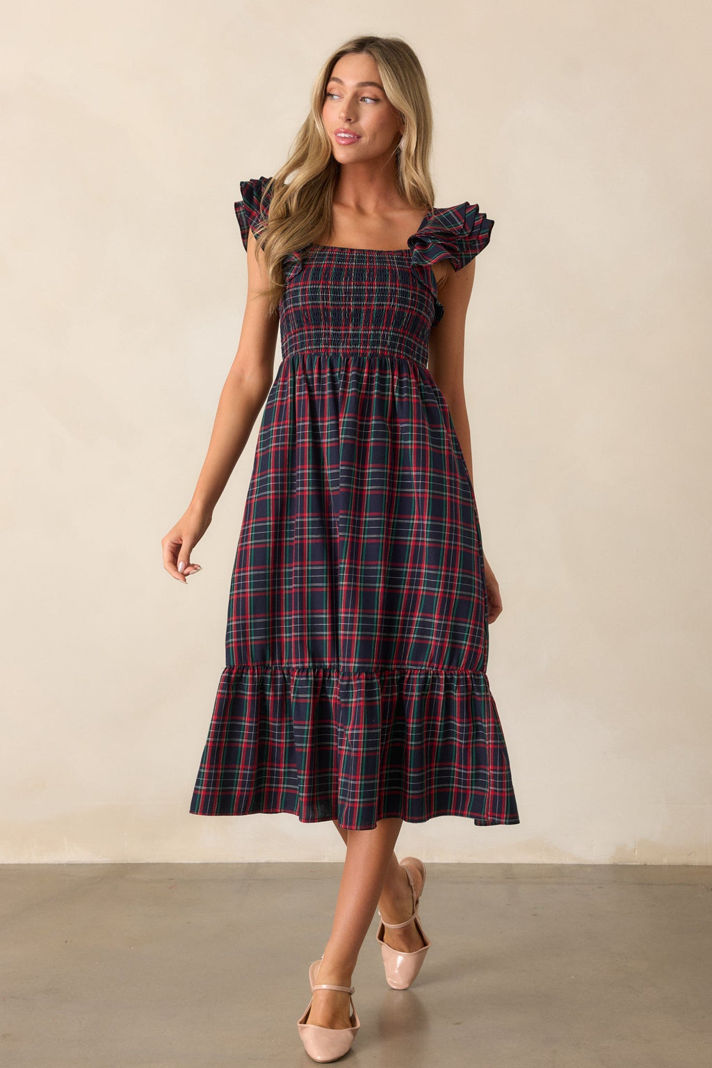Always Good Cotton Navy Plaid Flutter Sleeve Midi Dress
